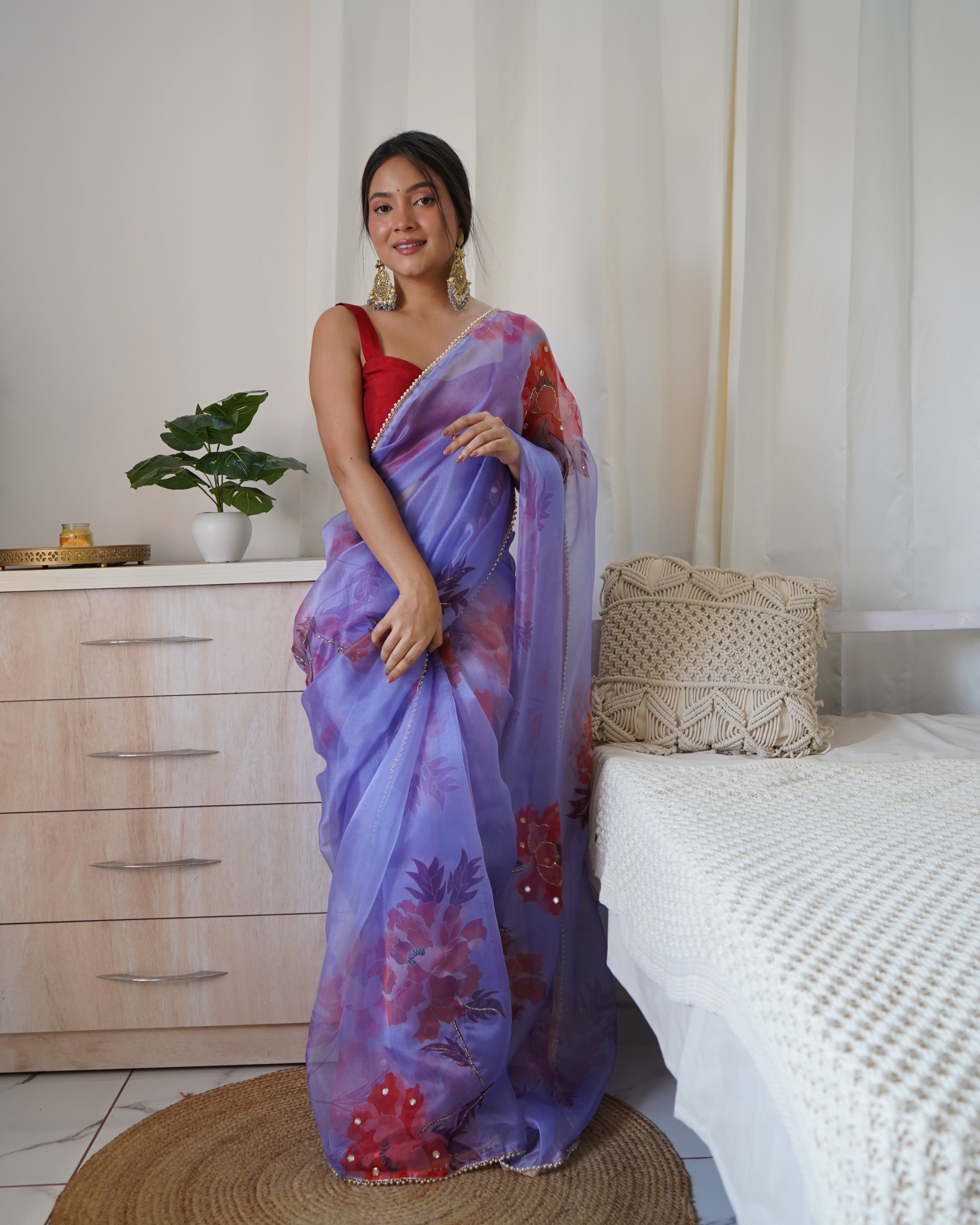 Purple Organza Saree With Satin Benglori Blouse