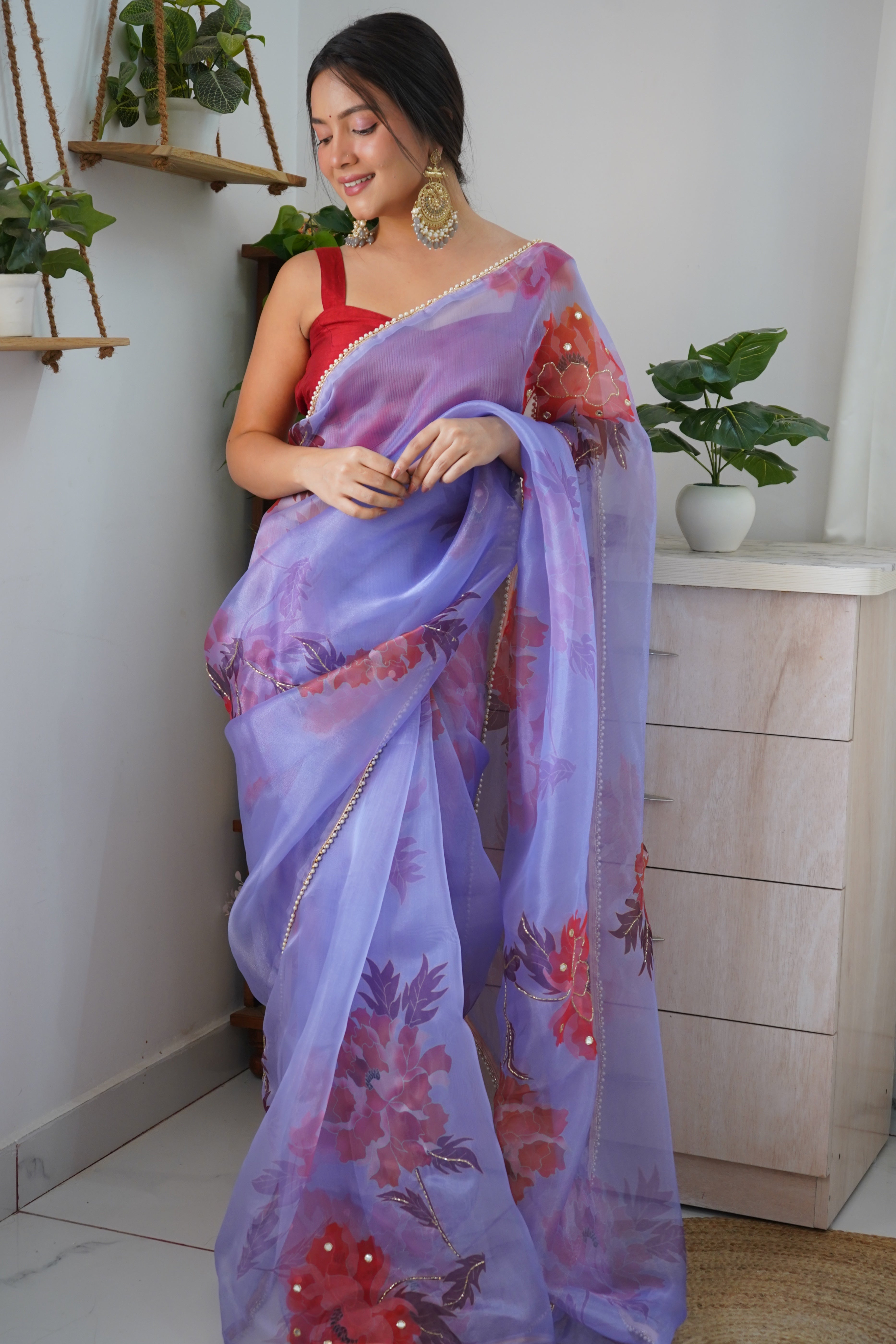 Purple Organza Saree With Satin Benglori Blouse