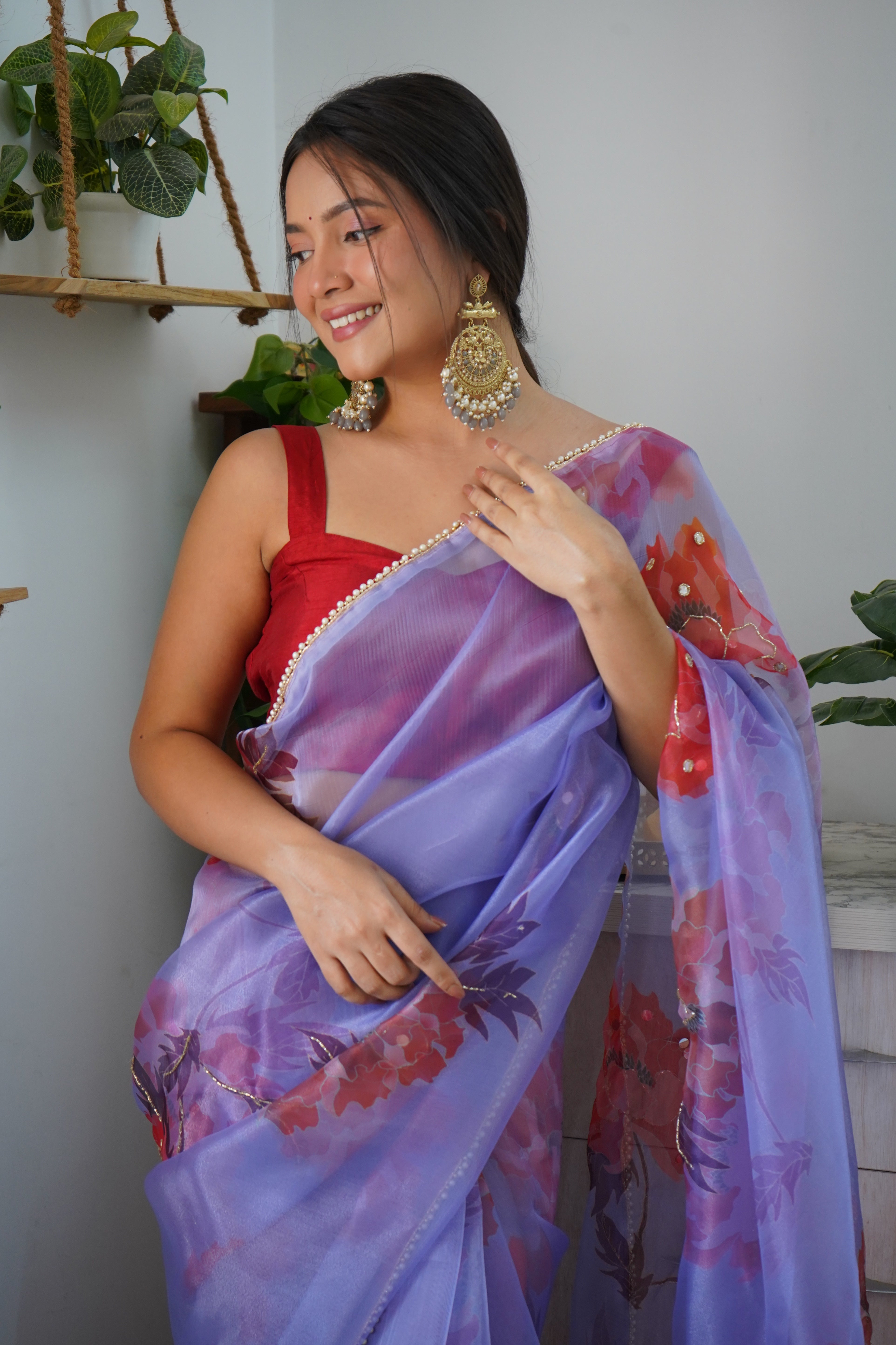 Purple Organza Saree With Satin Benglori Blouse