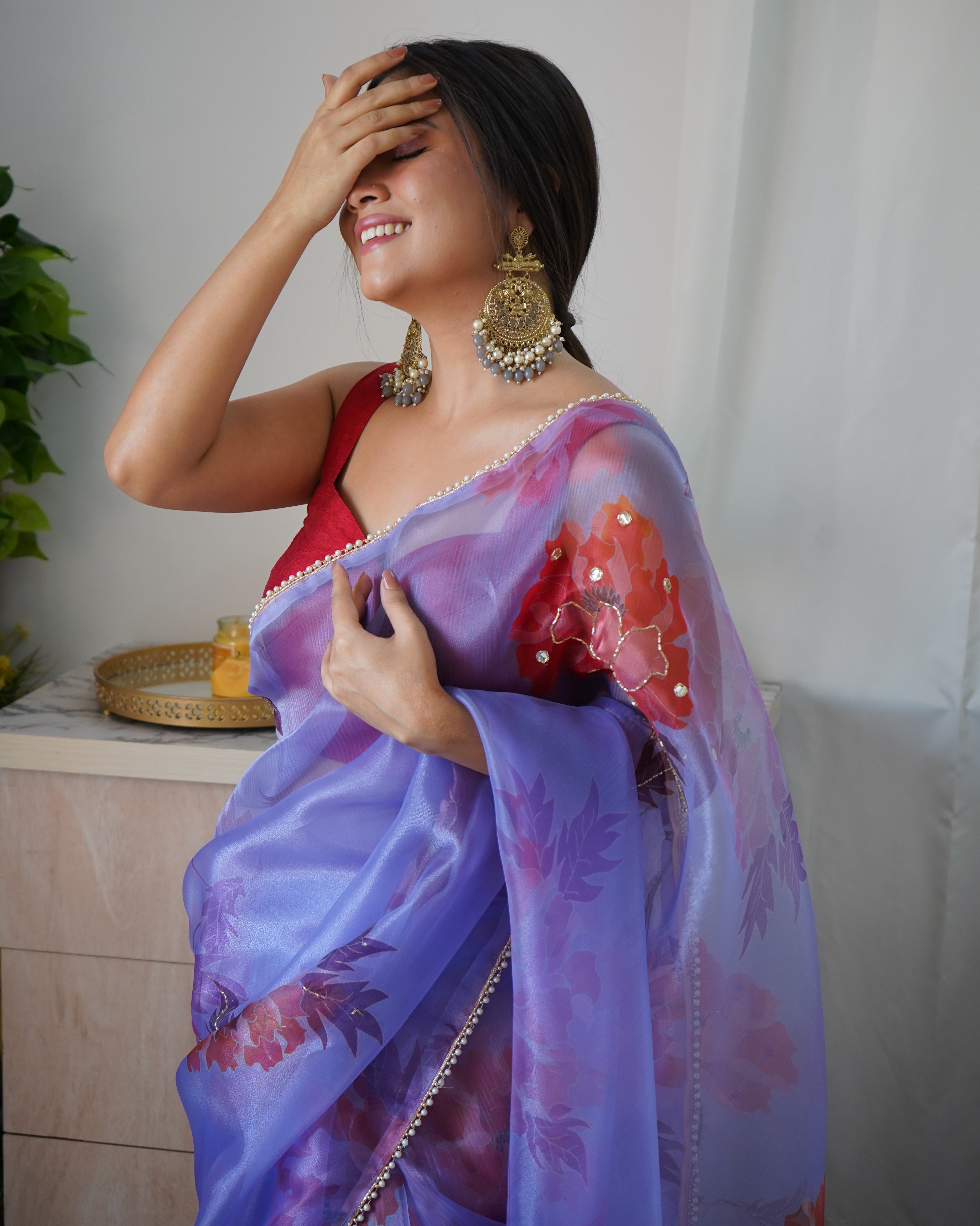 Purple Organza Saree With Satin Benglori Blouse