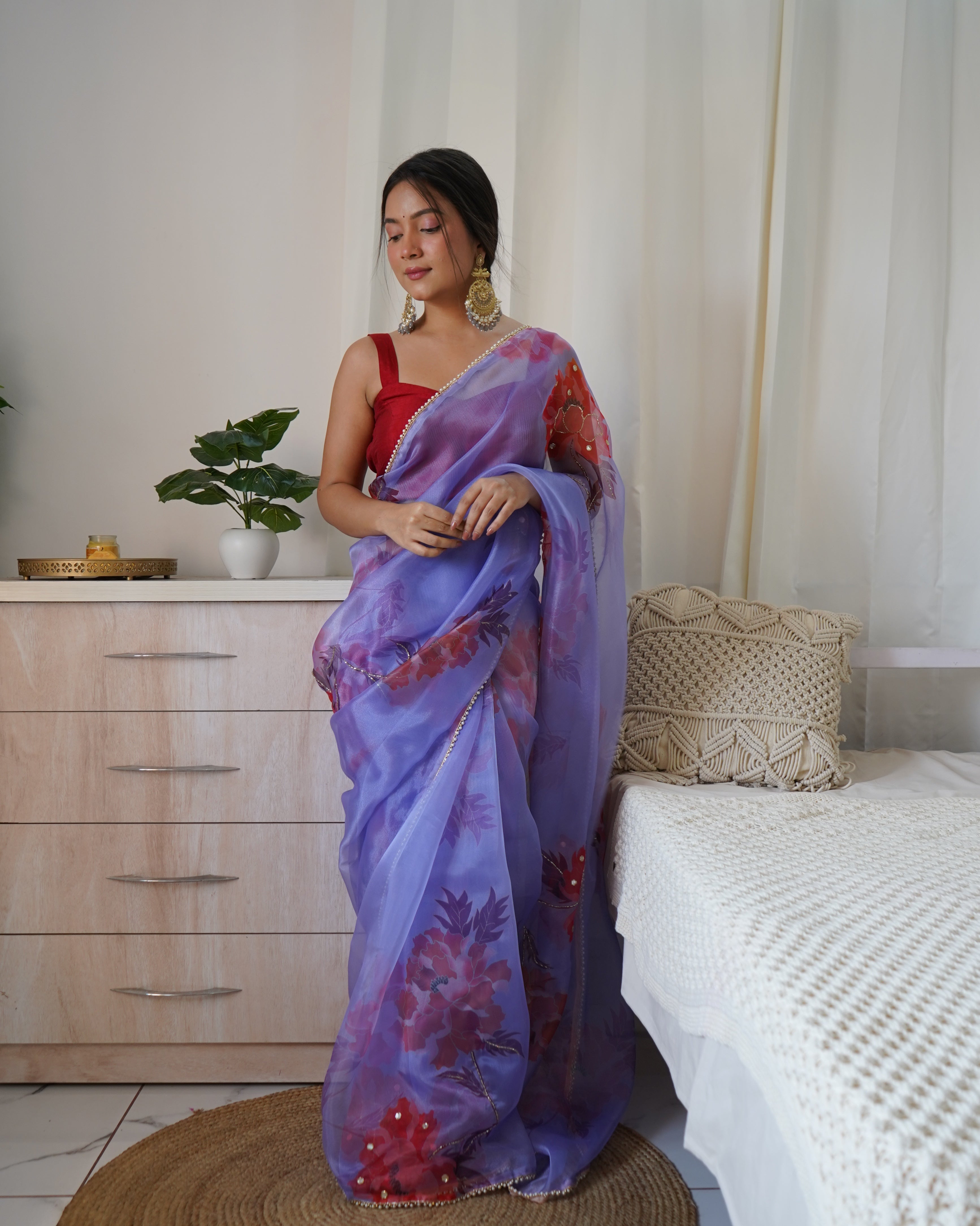 Purple Organza Saree With Satin Benglori Blouse