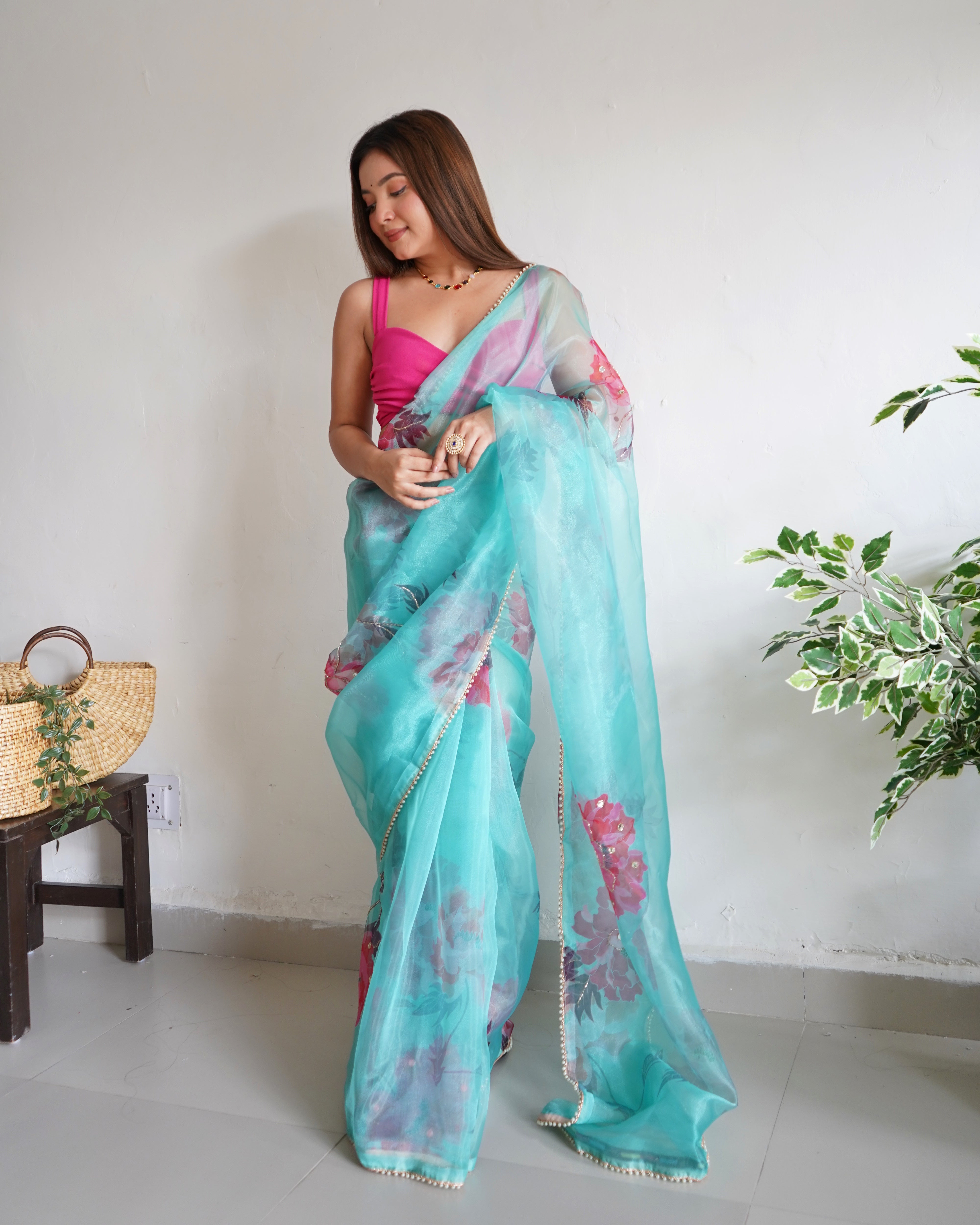 Sky Organza Saree With Satin Benglori Blouse