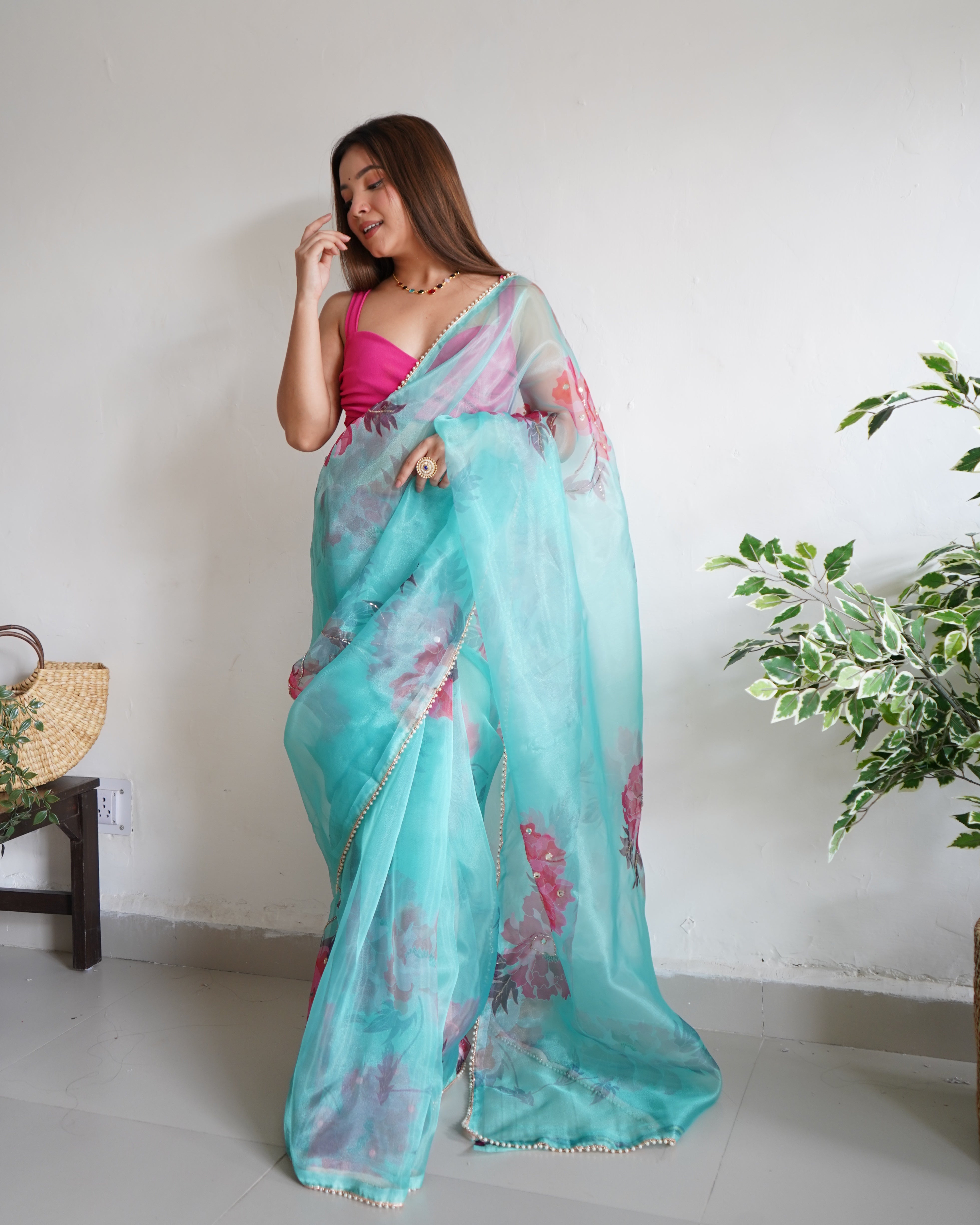 Sky Organza Saree With Satin Benglori Blouse