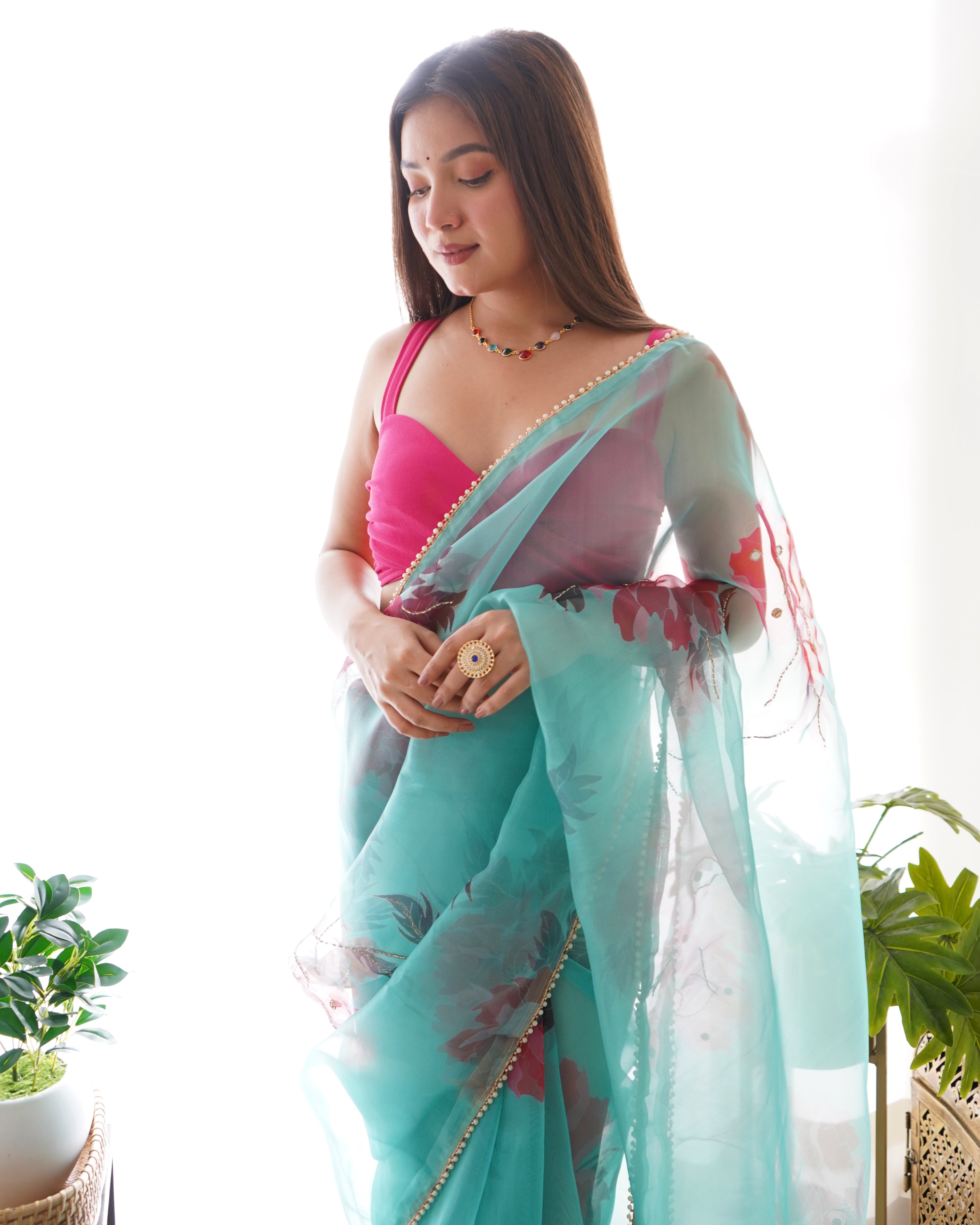 Sky Organza Saree With Satin Benglori Blouse