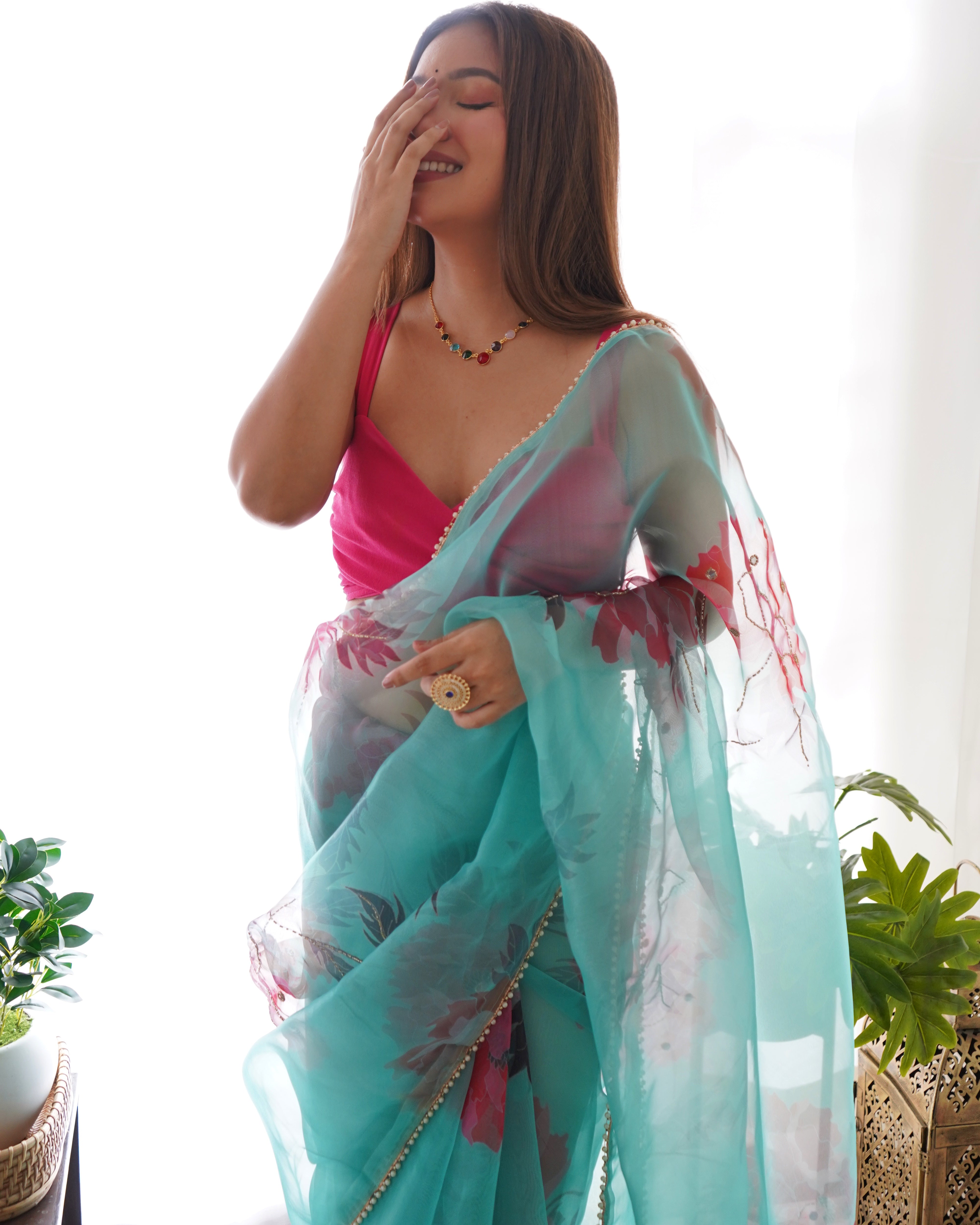 Sky Organza Saree With Satin Benglori Blouse