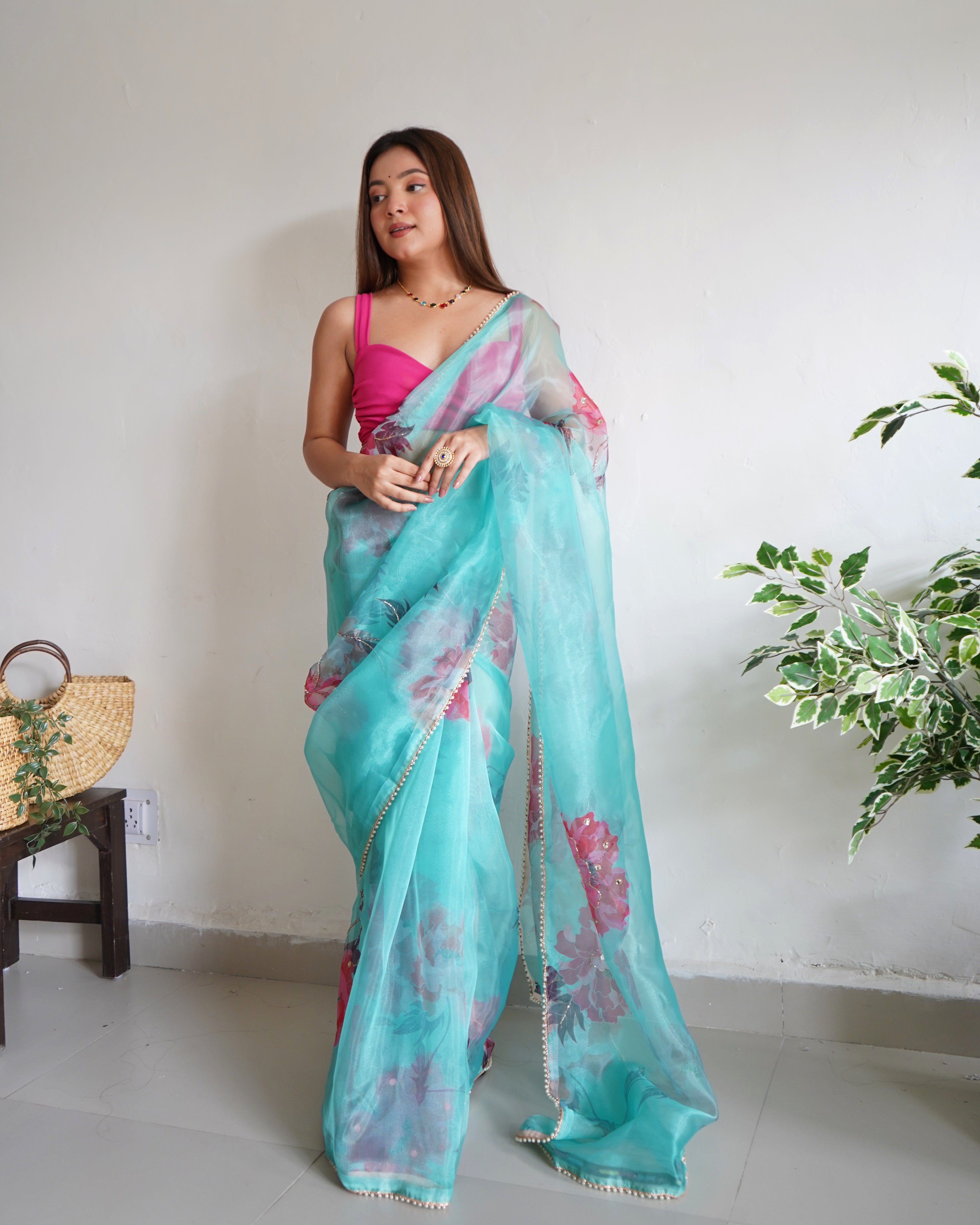 Sky Organza Saree With Satin Benglori Blouse