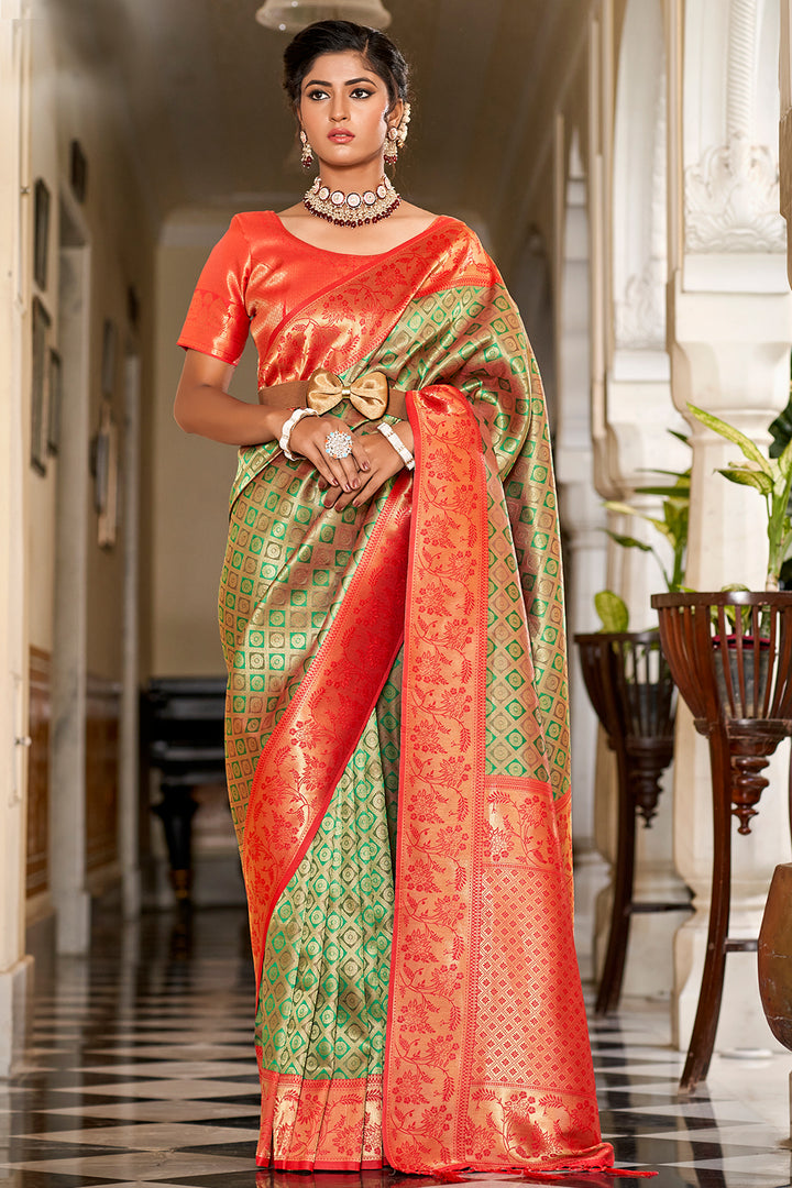 Buy Green With Orange Color Pochampally Ikat Silk Saree Online Shopping  From Pochampallysarees.com – pochampallysarees.com