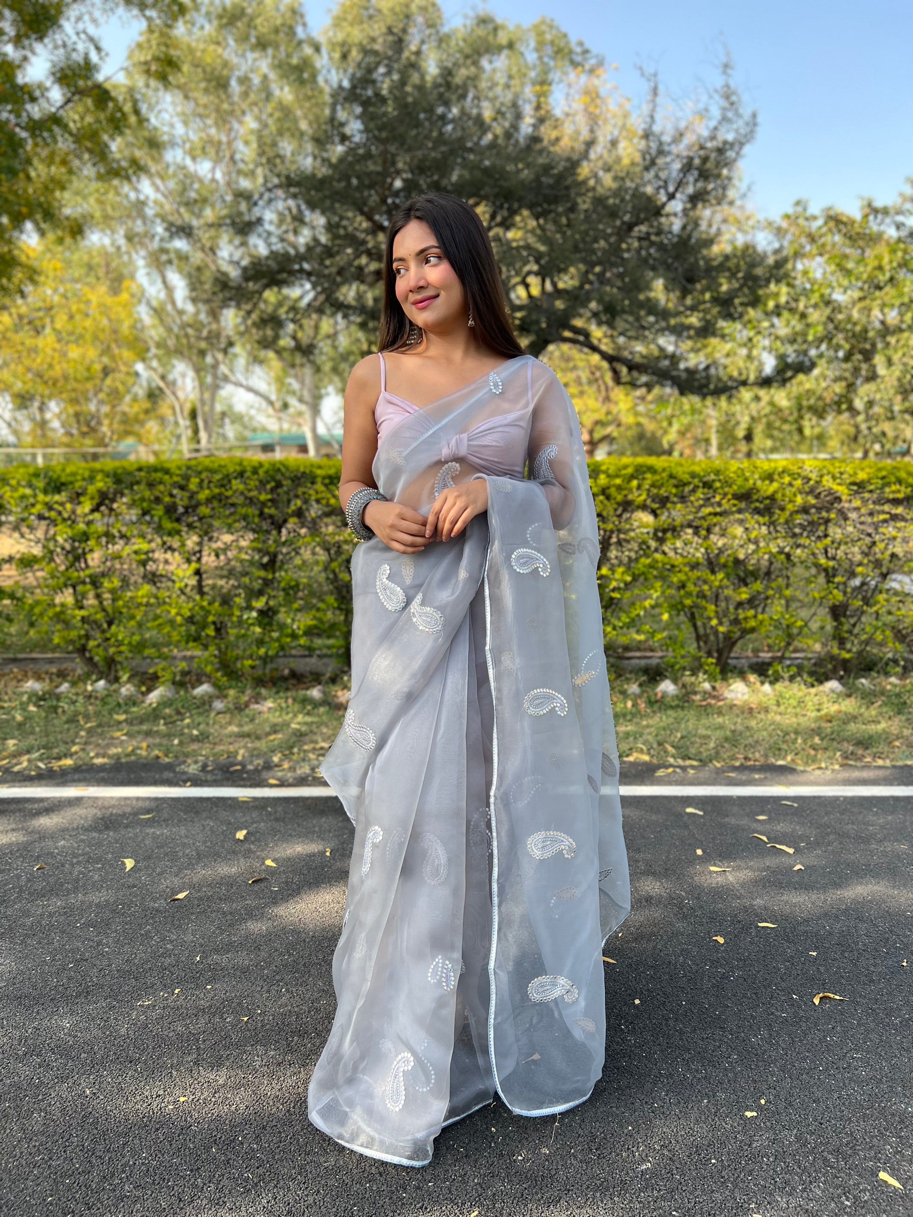 Grey Organza Saree With silk Blouse