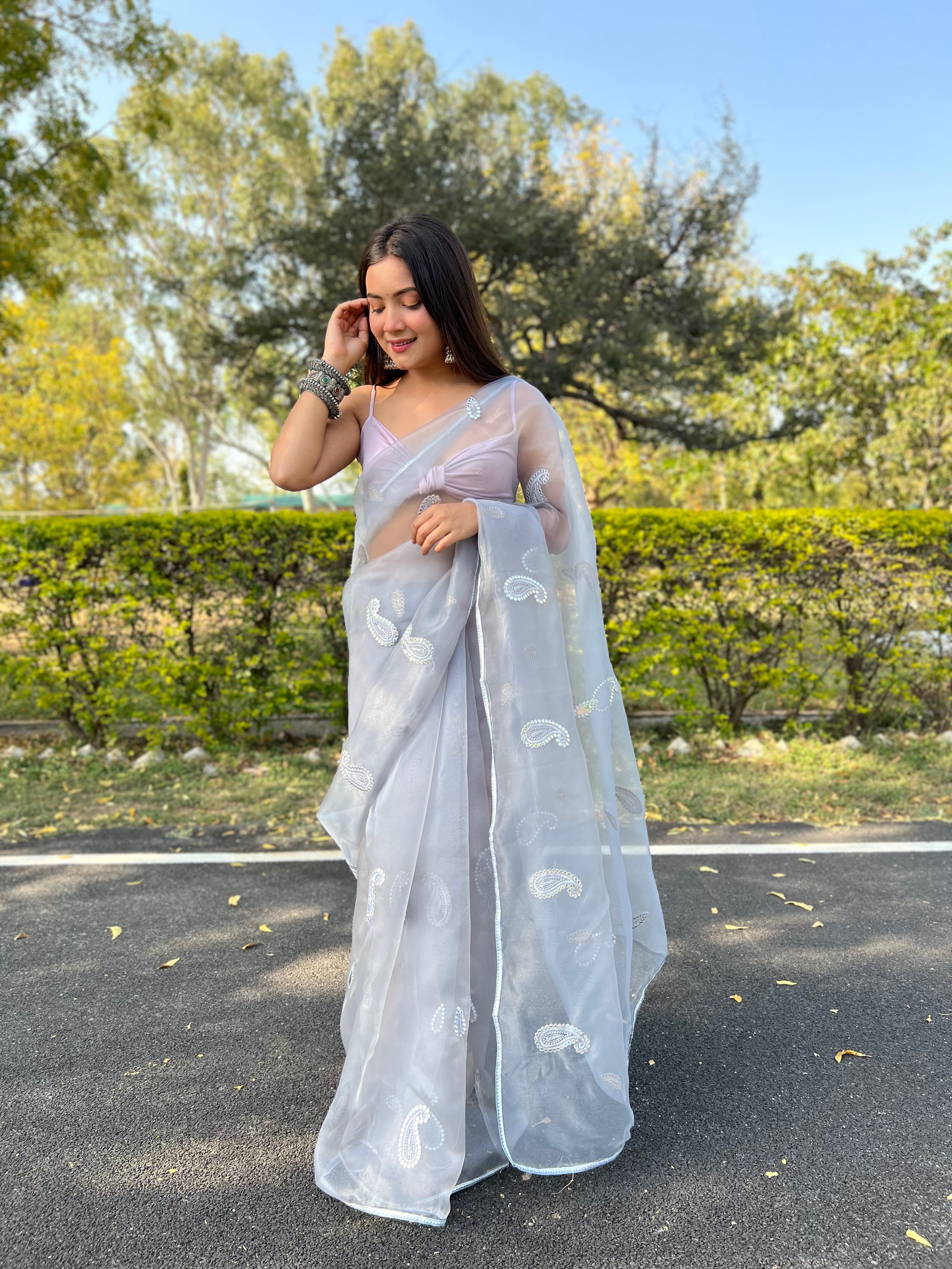 Grey Organza Saree With silk Blouse