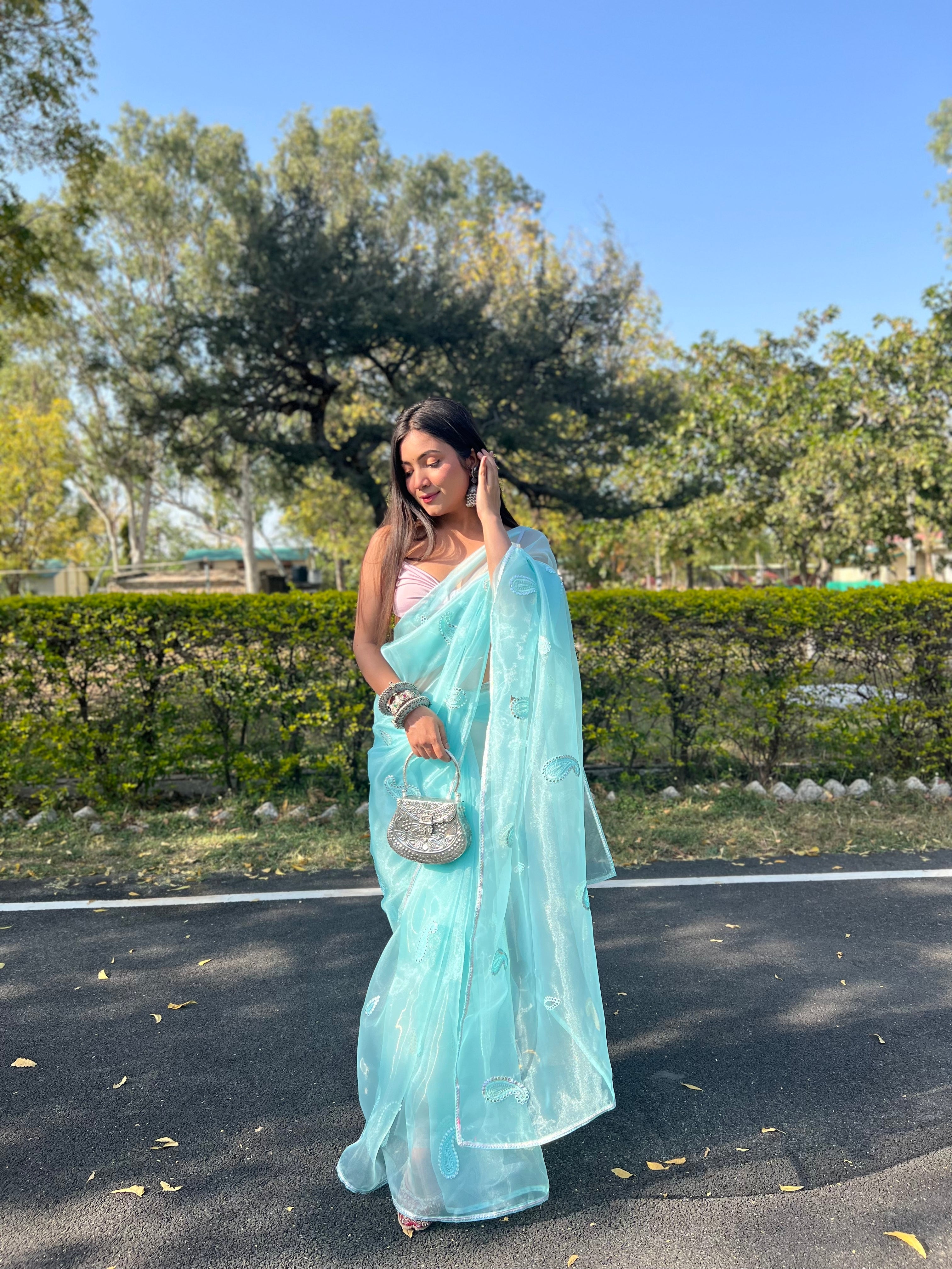 BLUE Organza Saree With silk Blouse