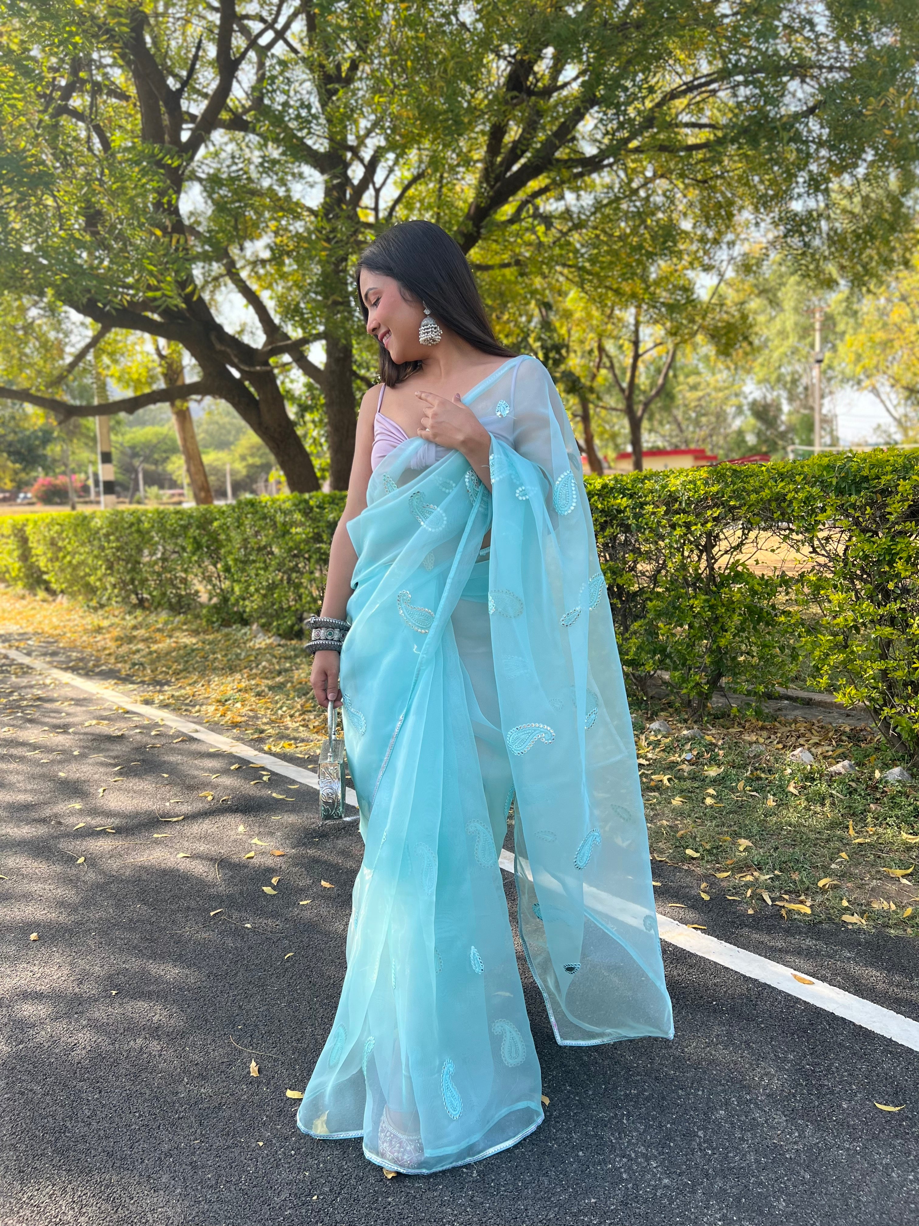 BLUE Organza Saree With silk Blouse