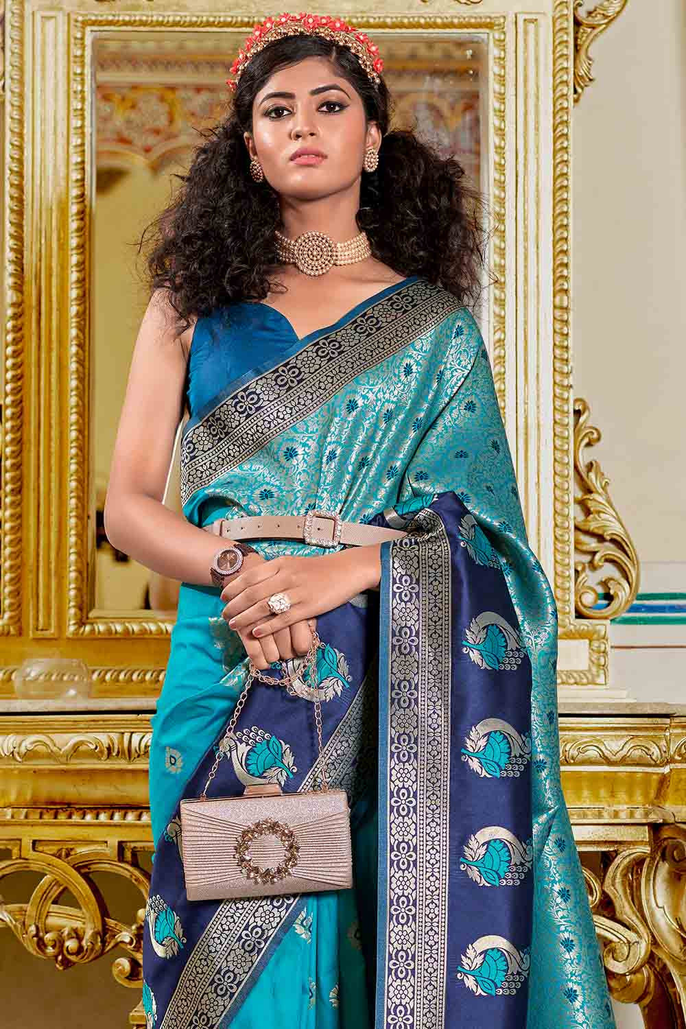 Tiffany Blue Banarasi Silk Saree