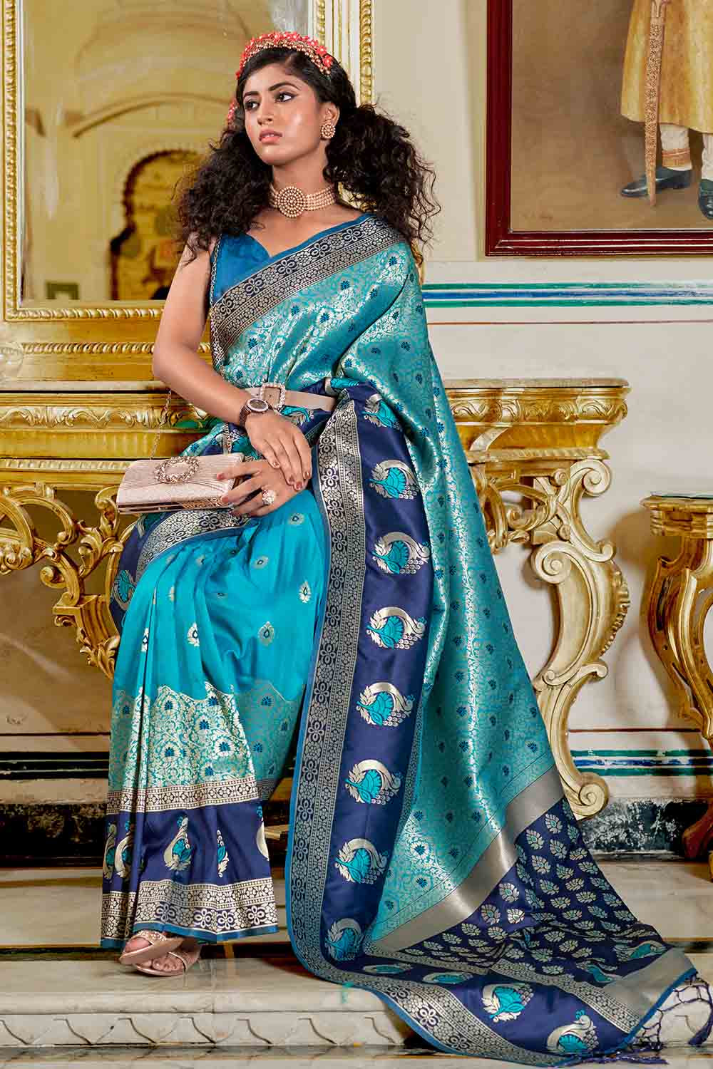 Tiffany Blue Banarasi Silk Saree