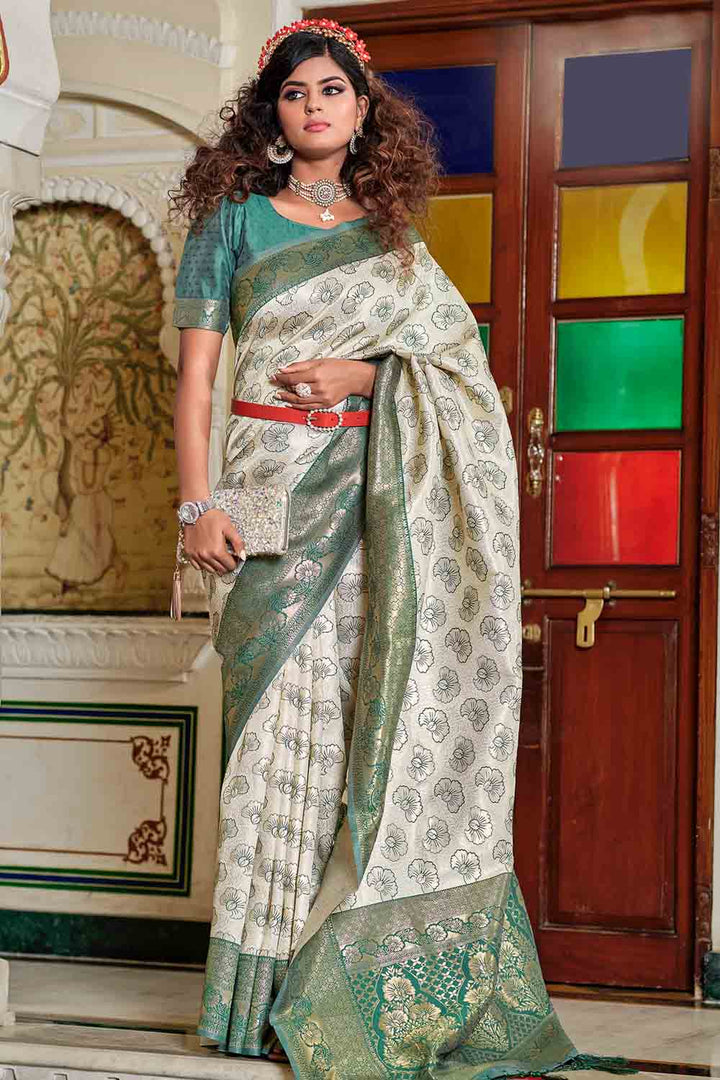 White Kalamkari Saree with Banarasi Border – Sunasa