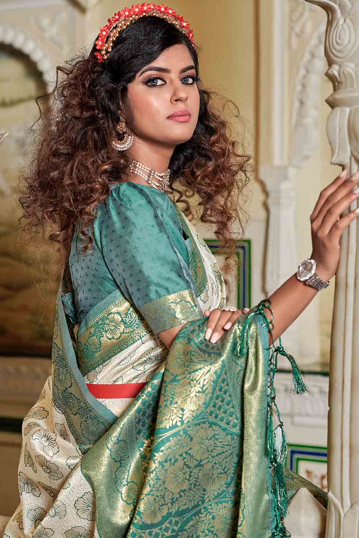 Shop Offwhite Tussar Banarasi Saree Online in USA with Green Zari Border –  Pure Elegance