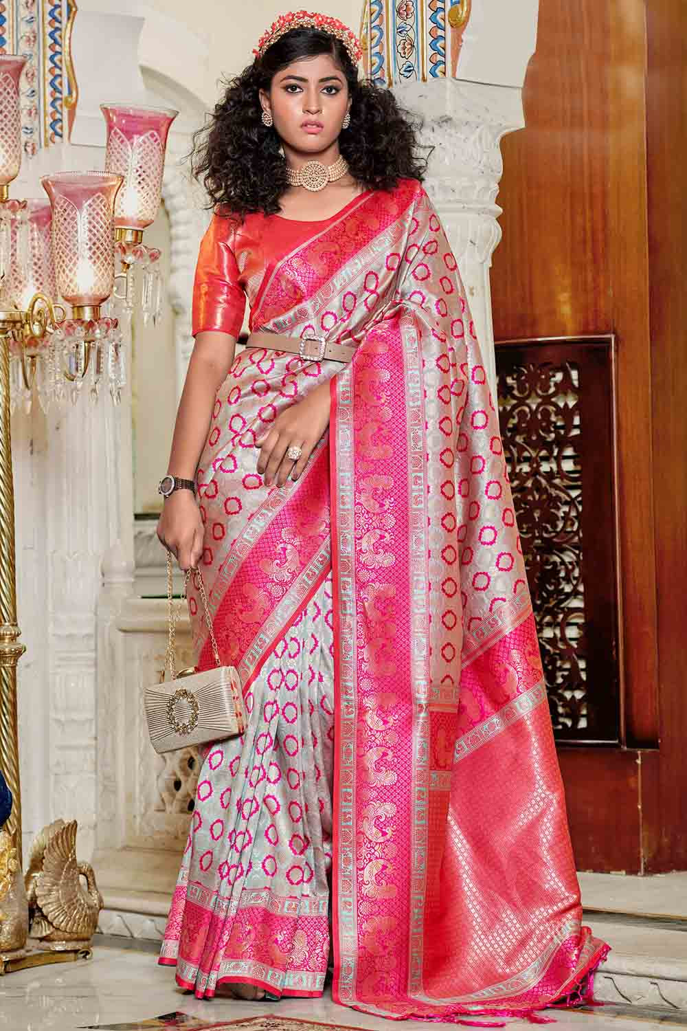 Buy Multicolor Banarasi Silk Saree With Blouse Piece Nitaraa