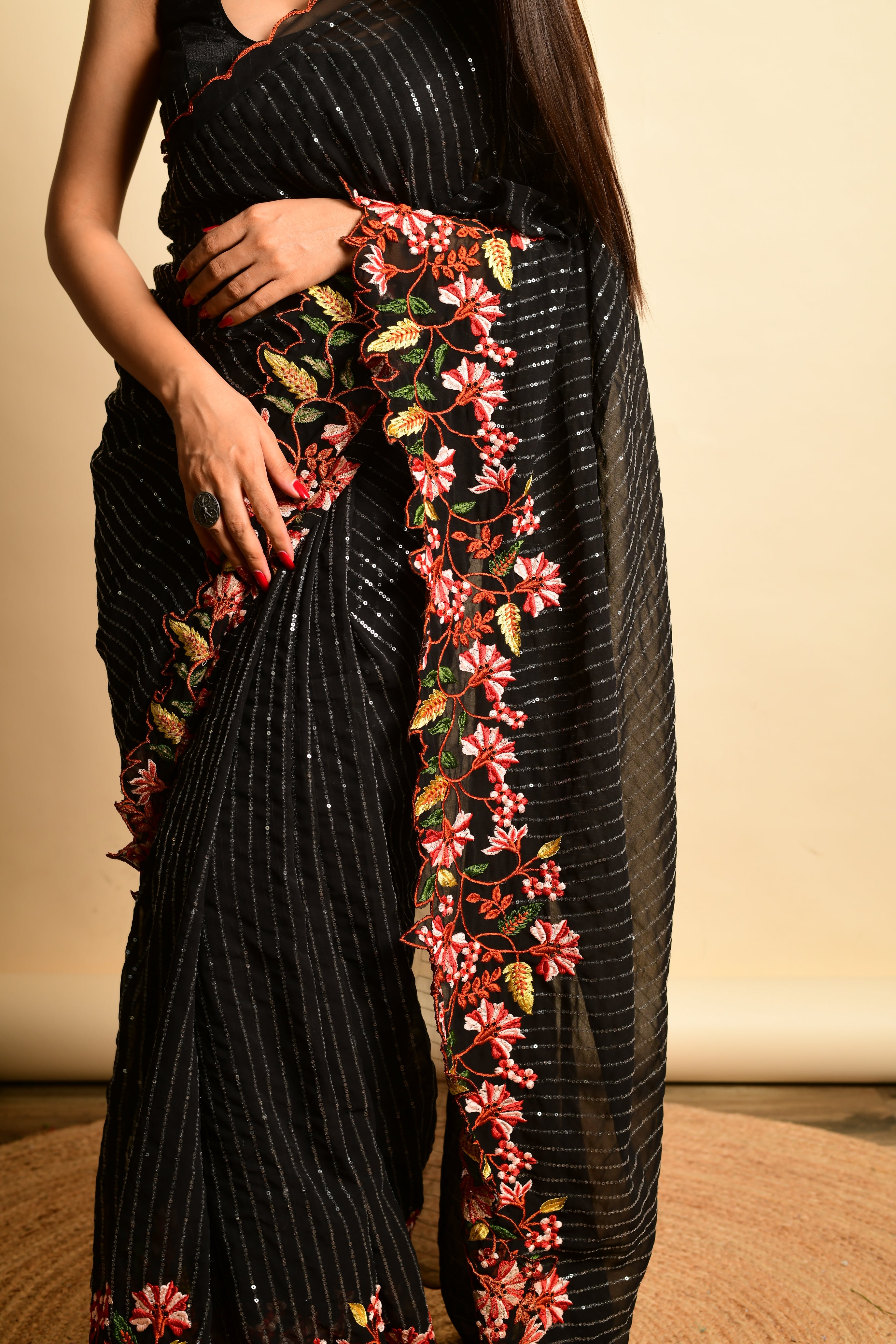 Black Georgette Saree With Satin Benglori Blouse