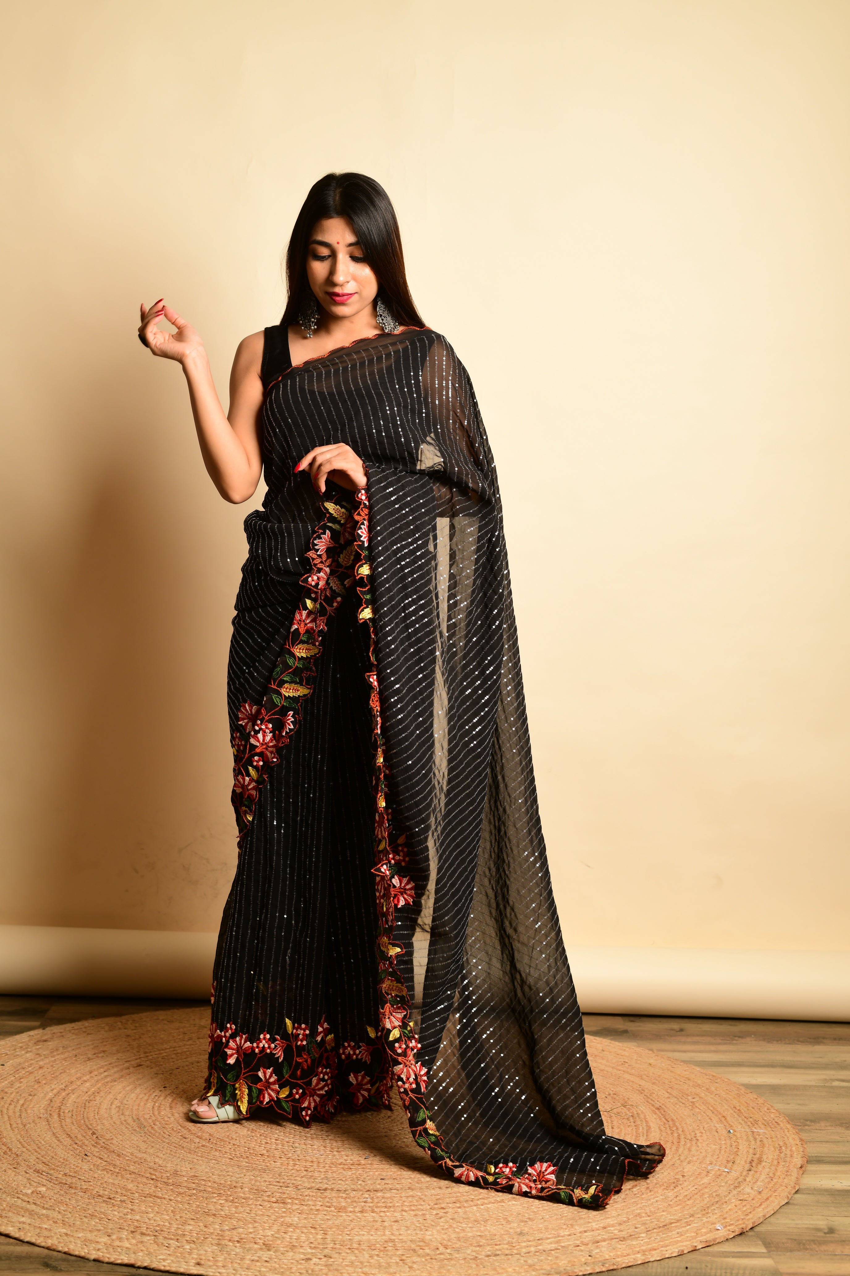 Black Georgette Saree With Satin Benglori Blouse