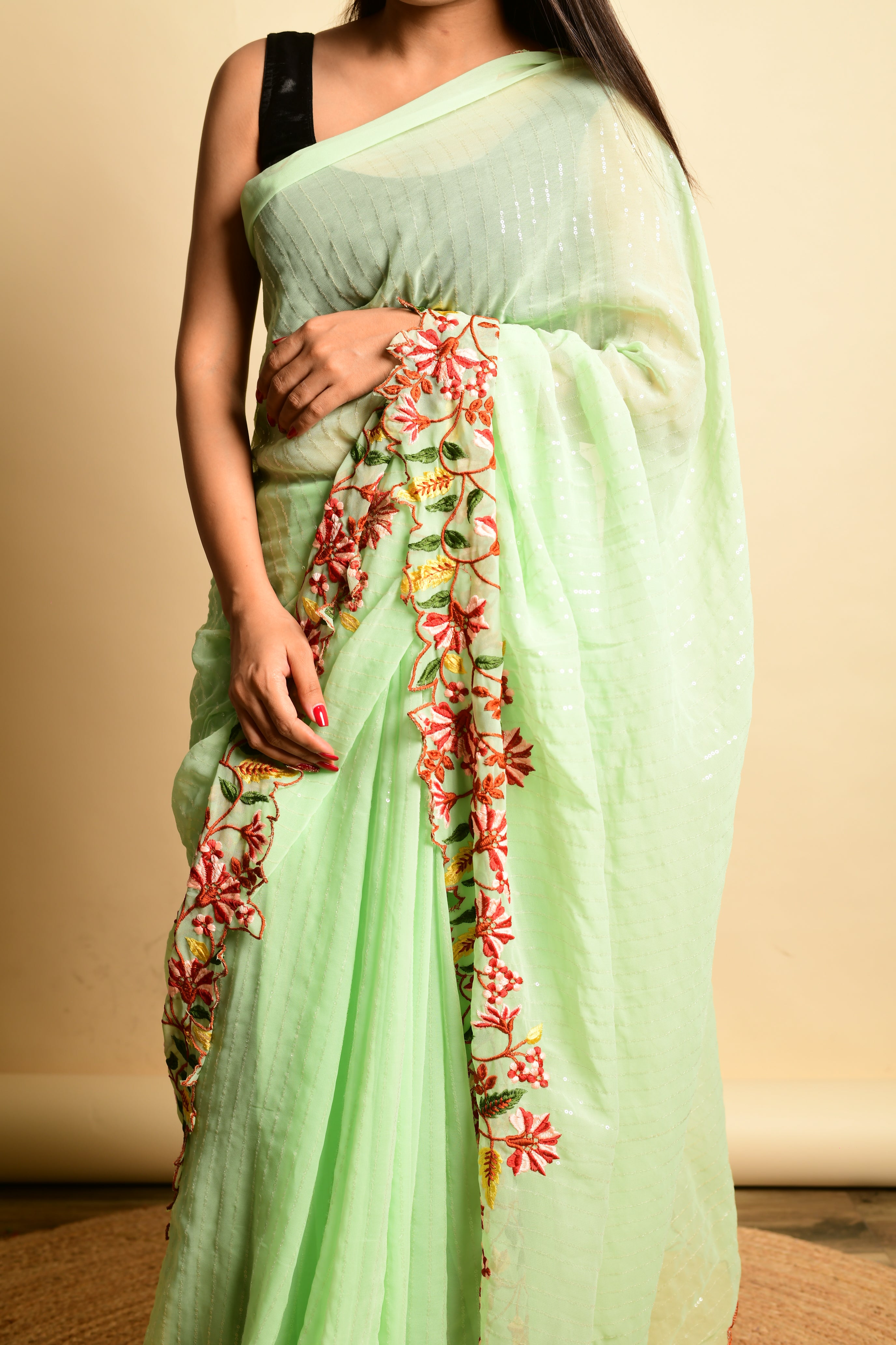 GREEN Georgette Saree With Satin Benglori Blouse