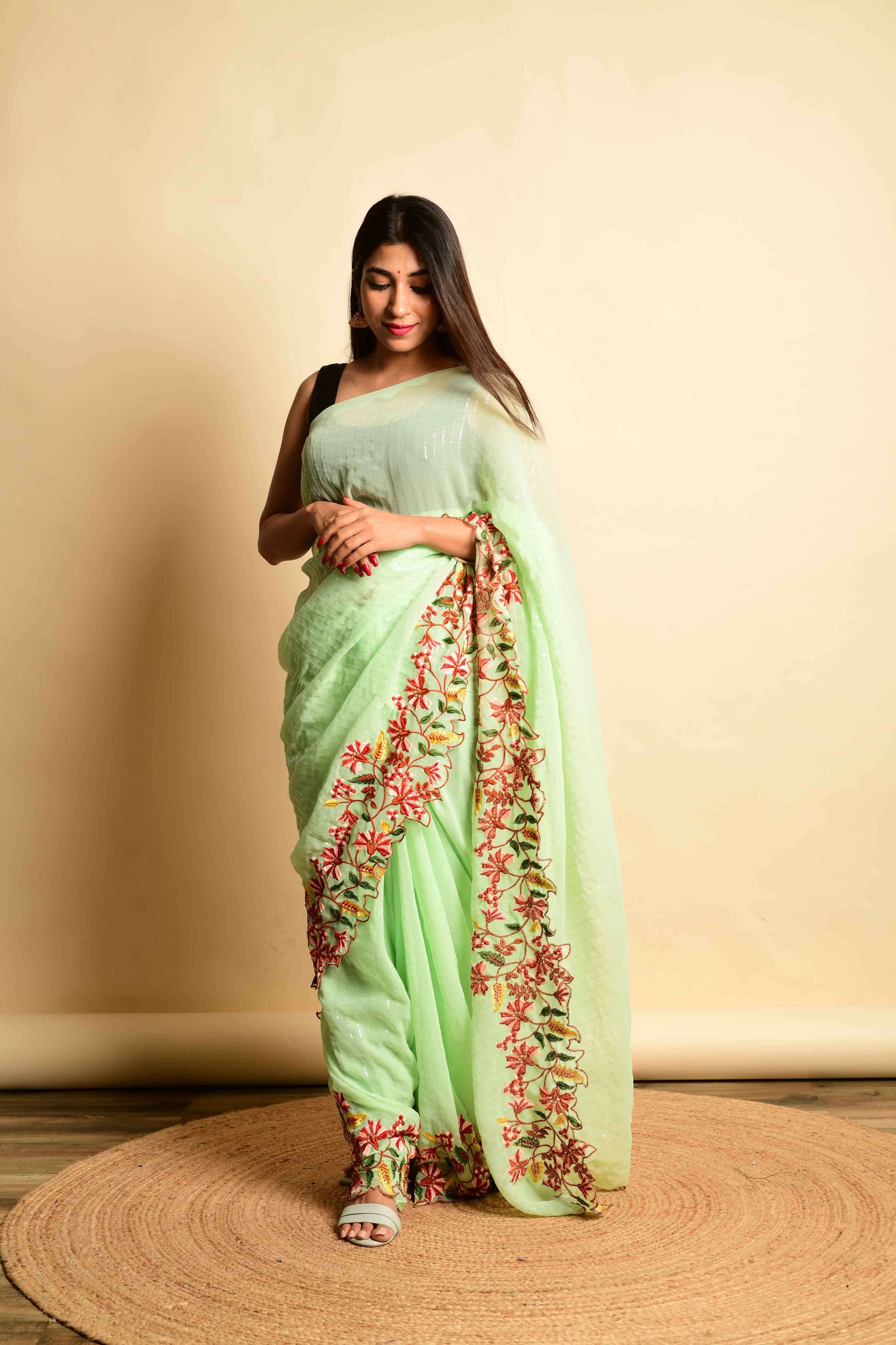 GREEN Georgette Saree With Satin Benglori Blouse