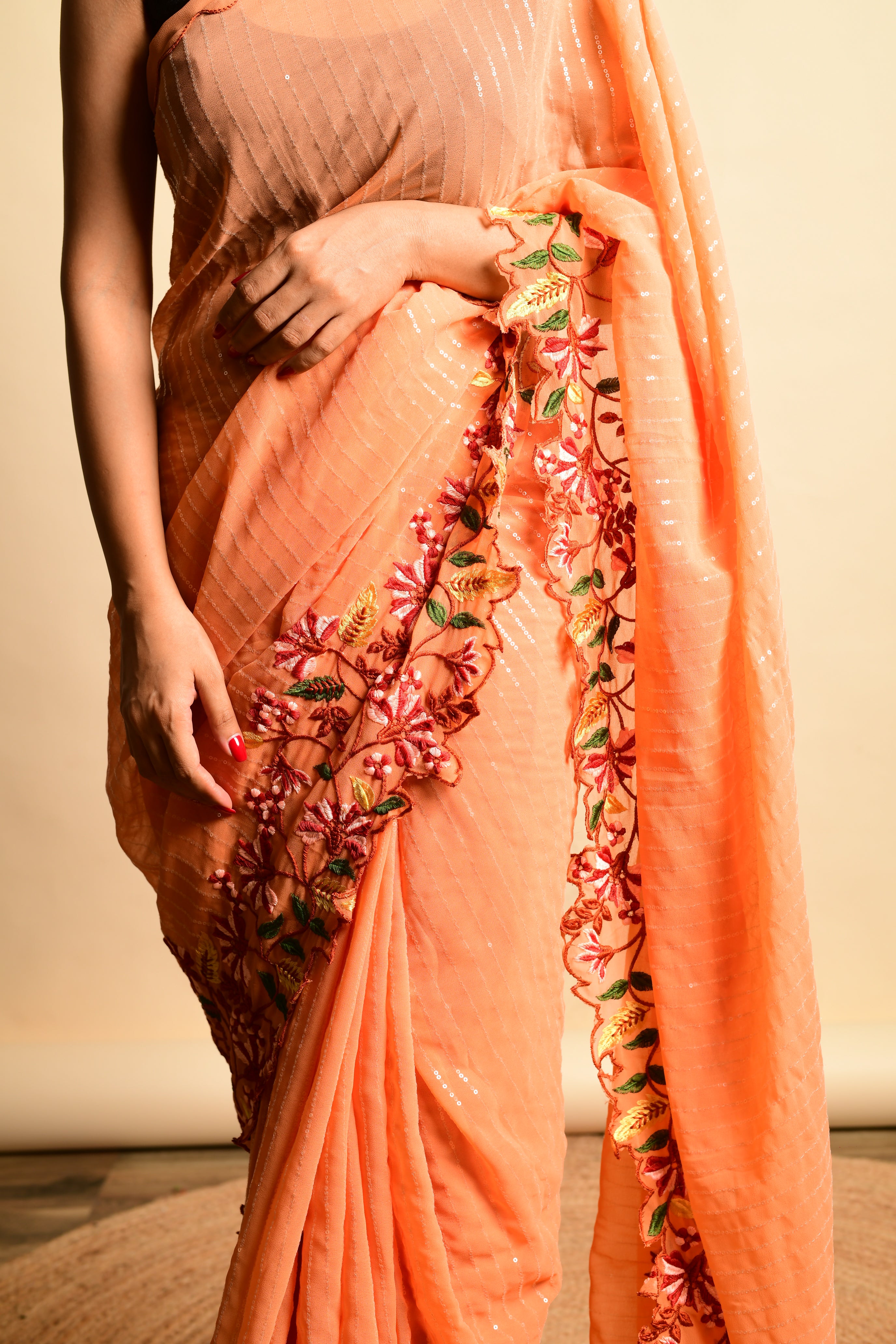 Orange Georgette Saree With Satin Benglori Blouse