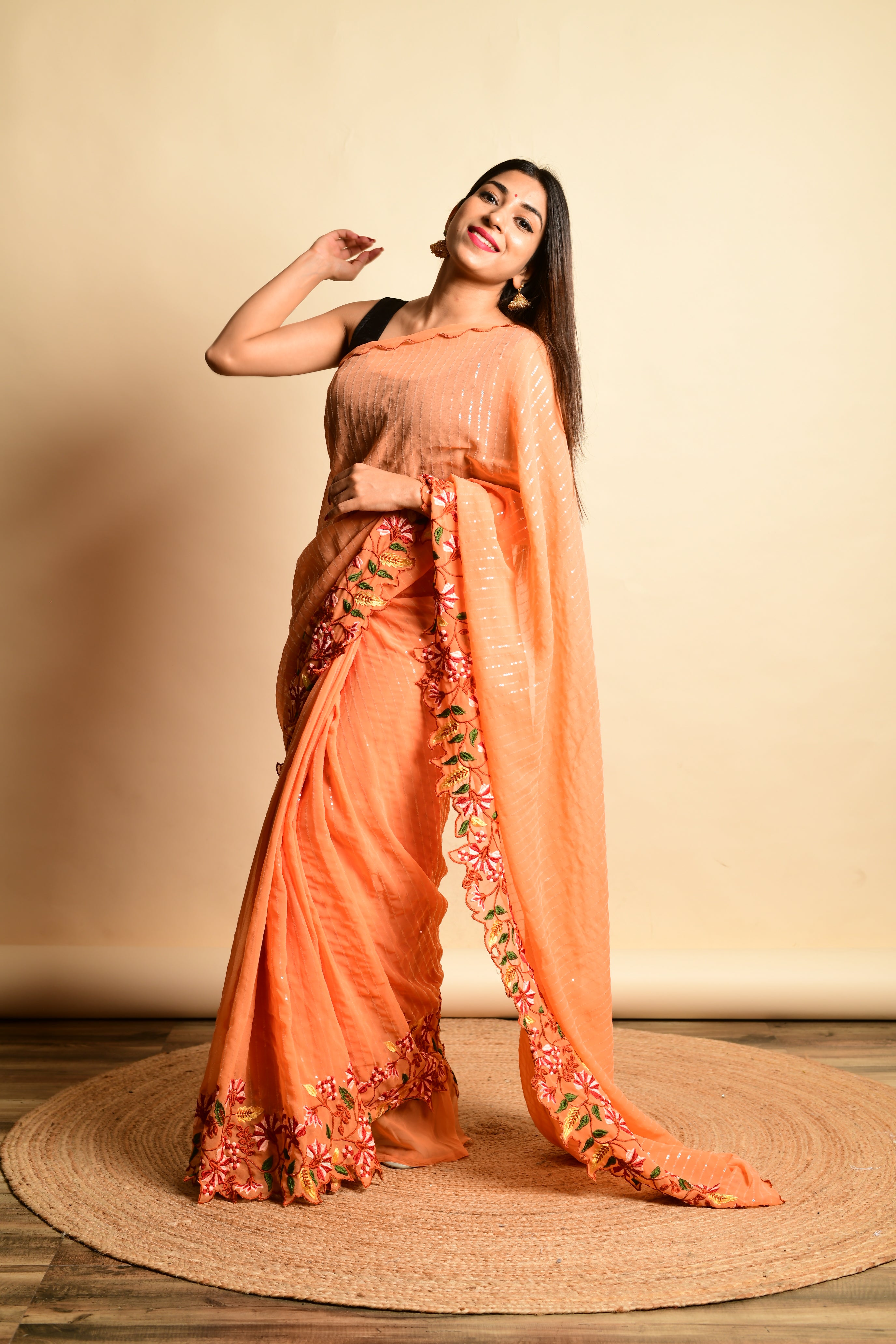 Orange Georgette Saree With Satin Benglori Blouse