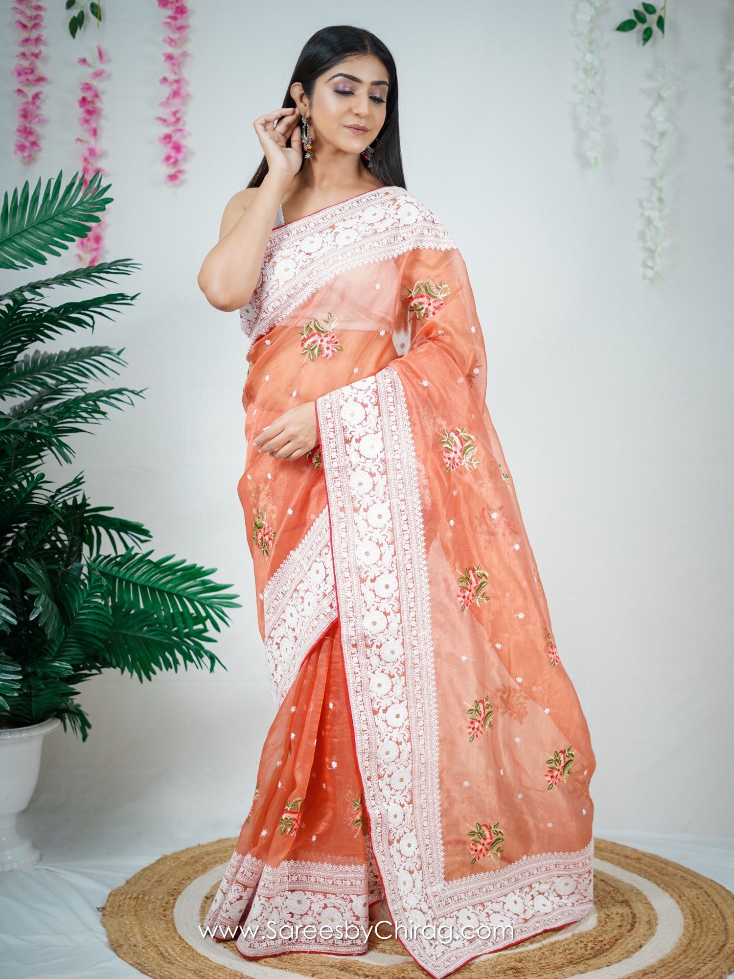 Red Organza Saree With Satin Benglori Blouse