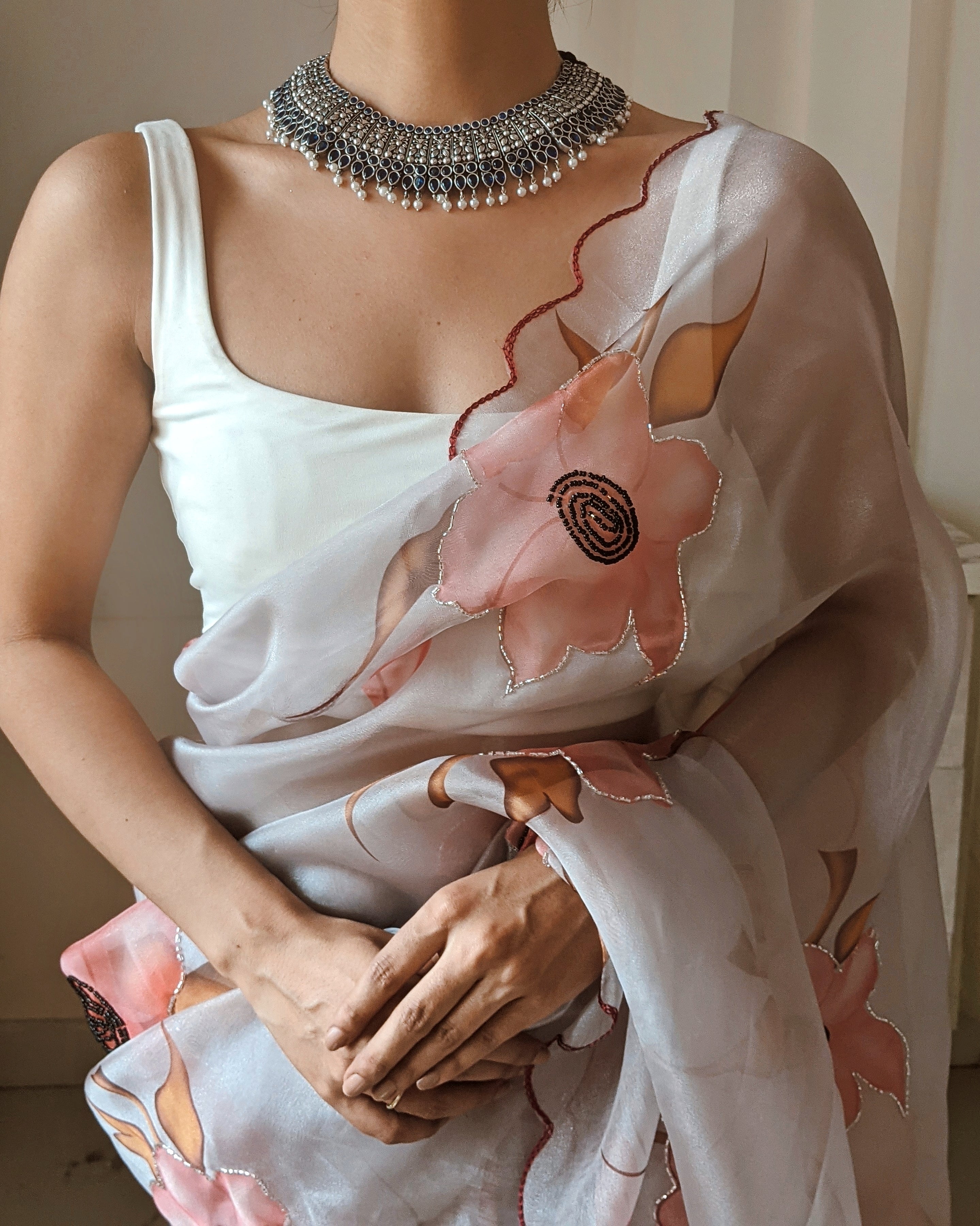 grey Organza Saree With Satin Benglori Blouse