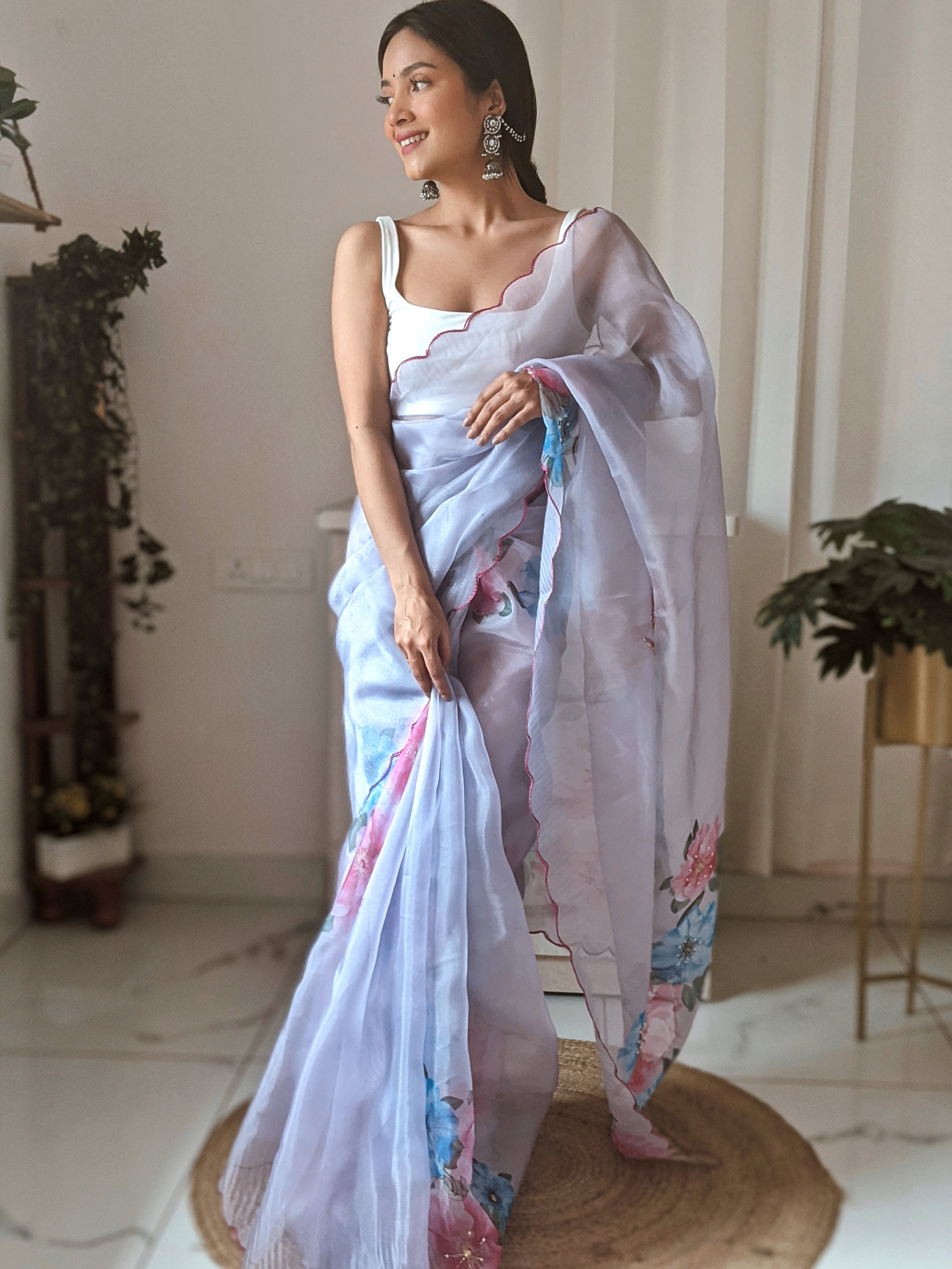 Sky Organza Saree With Satin Benglori Blouse