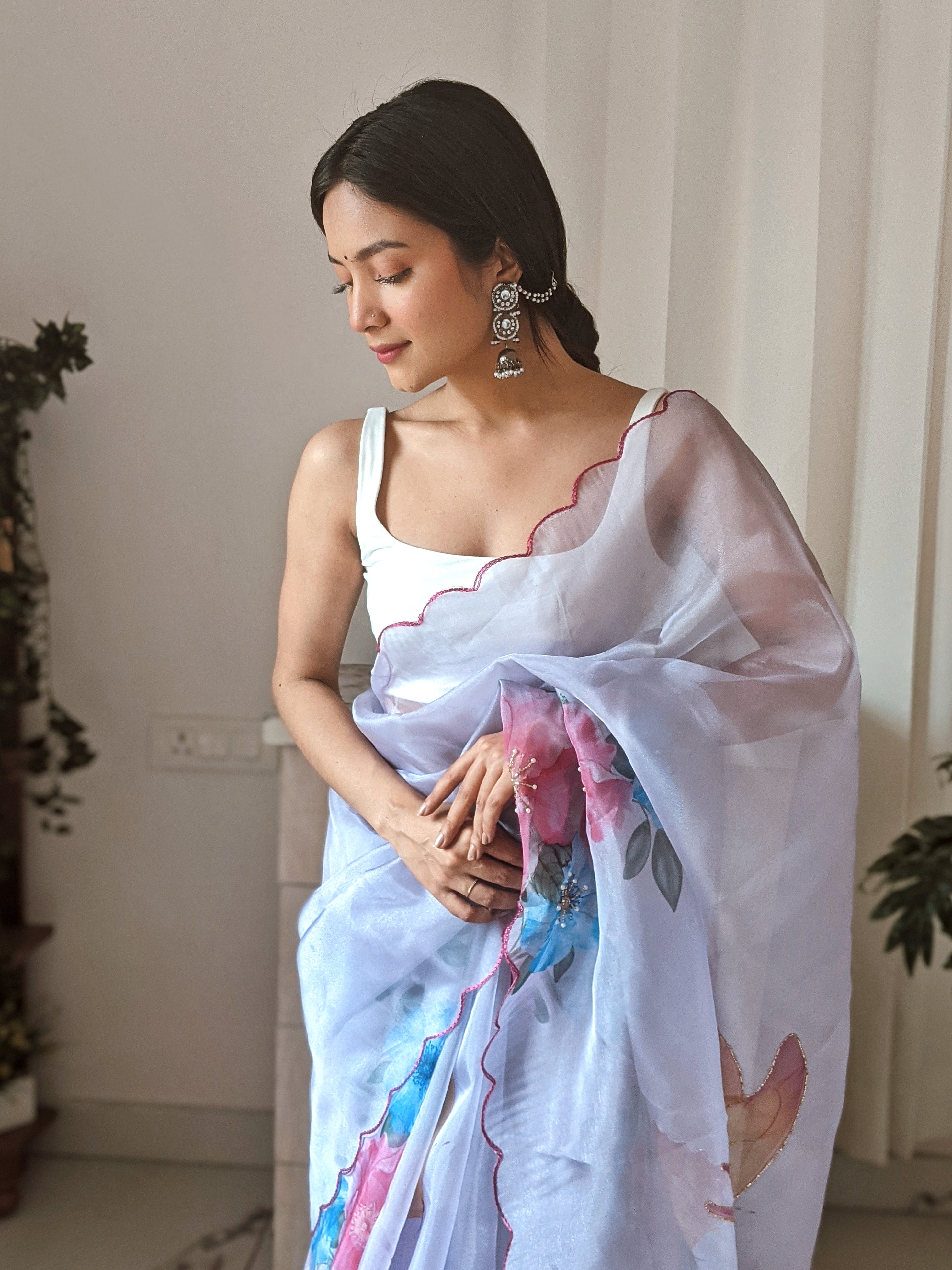 Sky Organza Saree With Satin Benglori Blouse