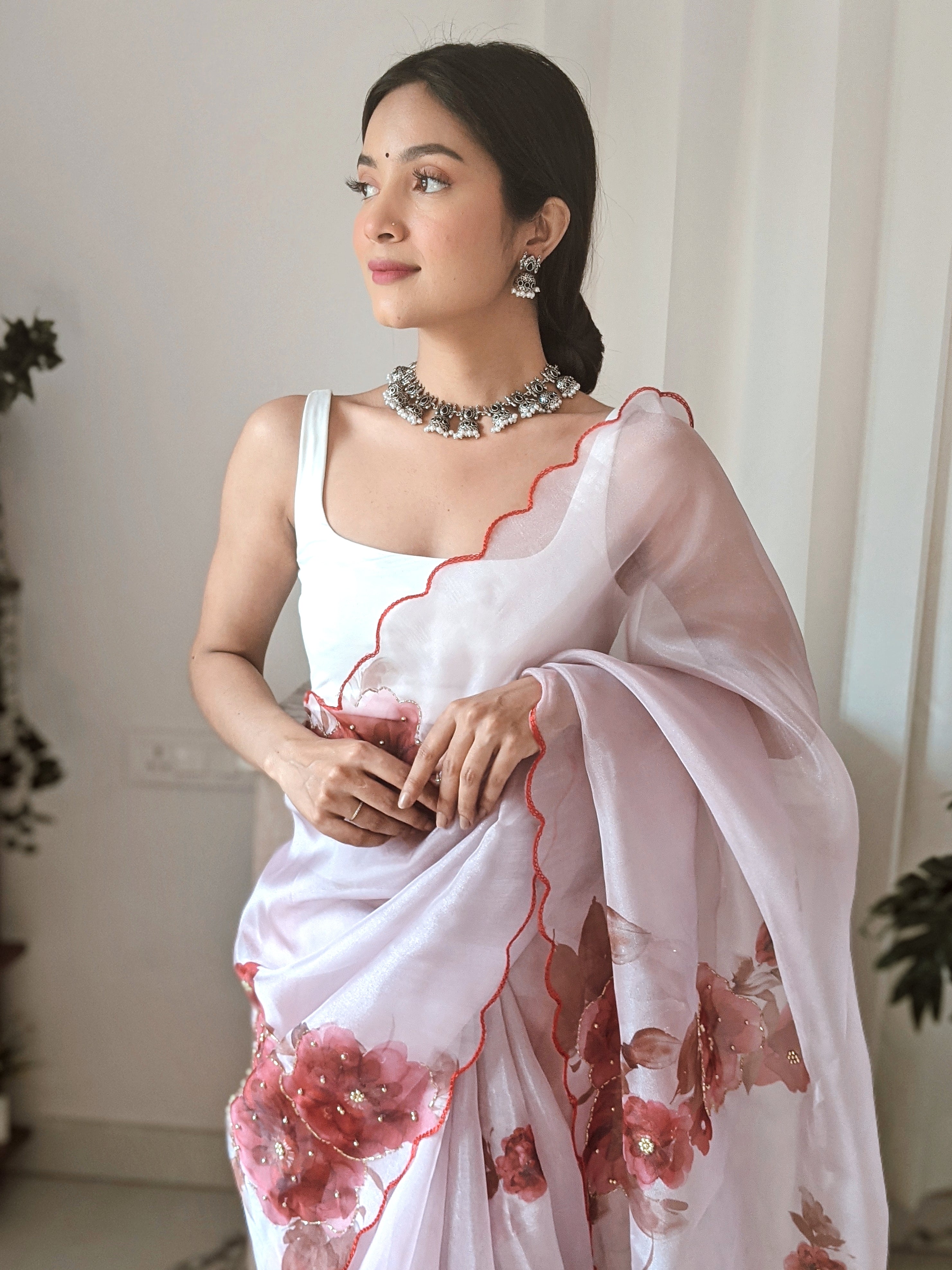 pink Organza Saree With Satin Benglori Blouse