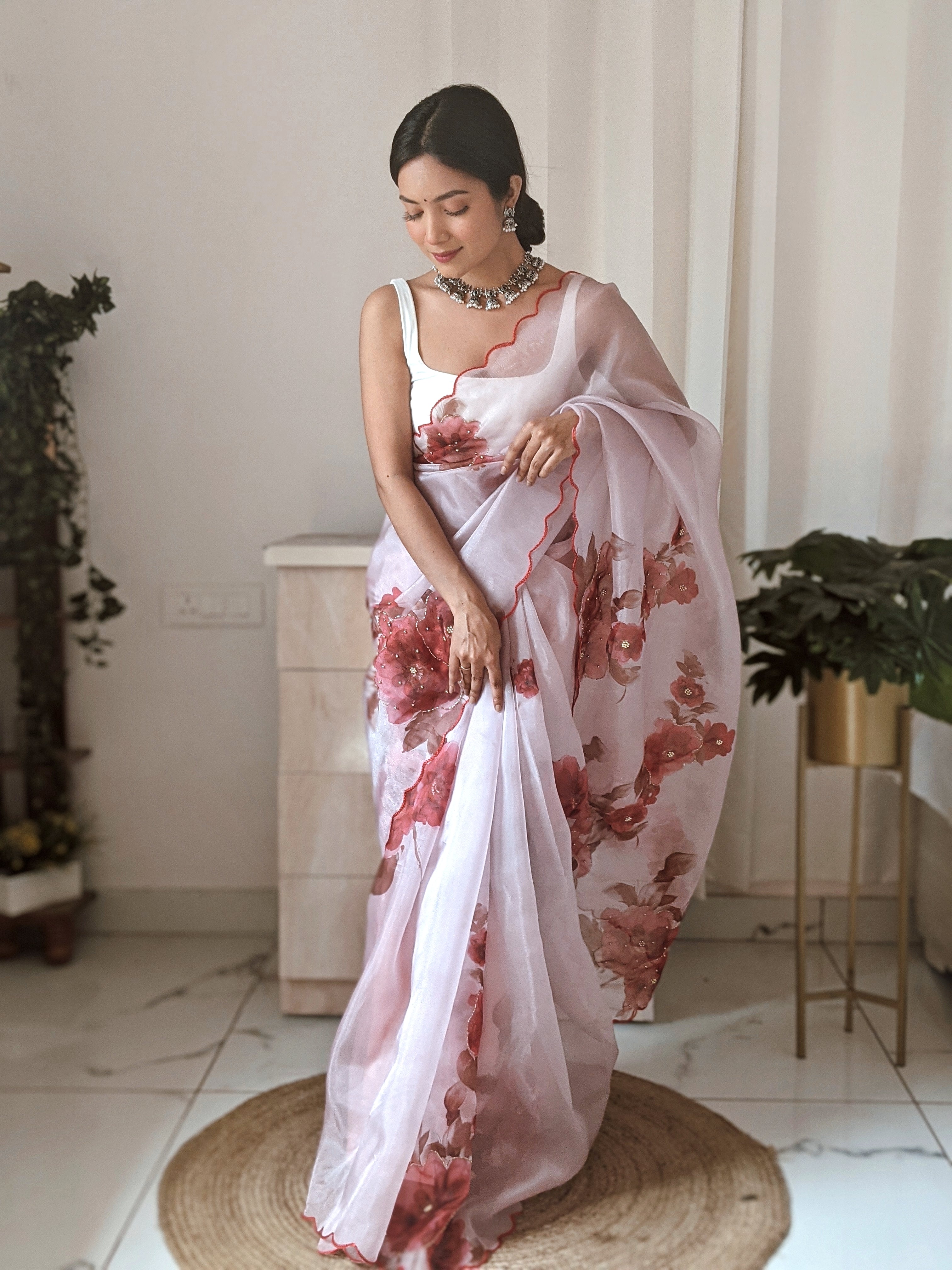 pink Organza Saree With Satin Benglori Blouse