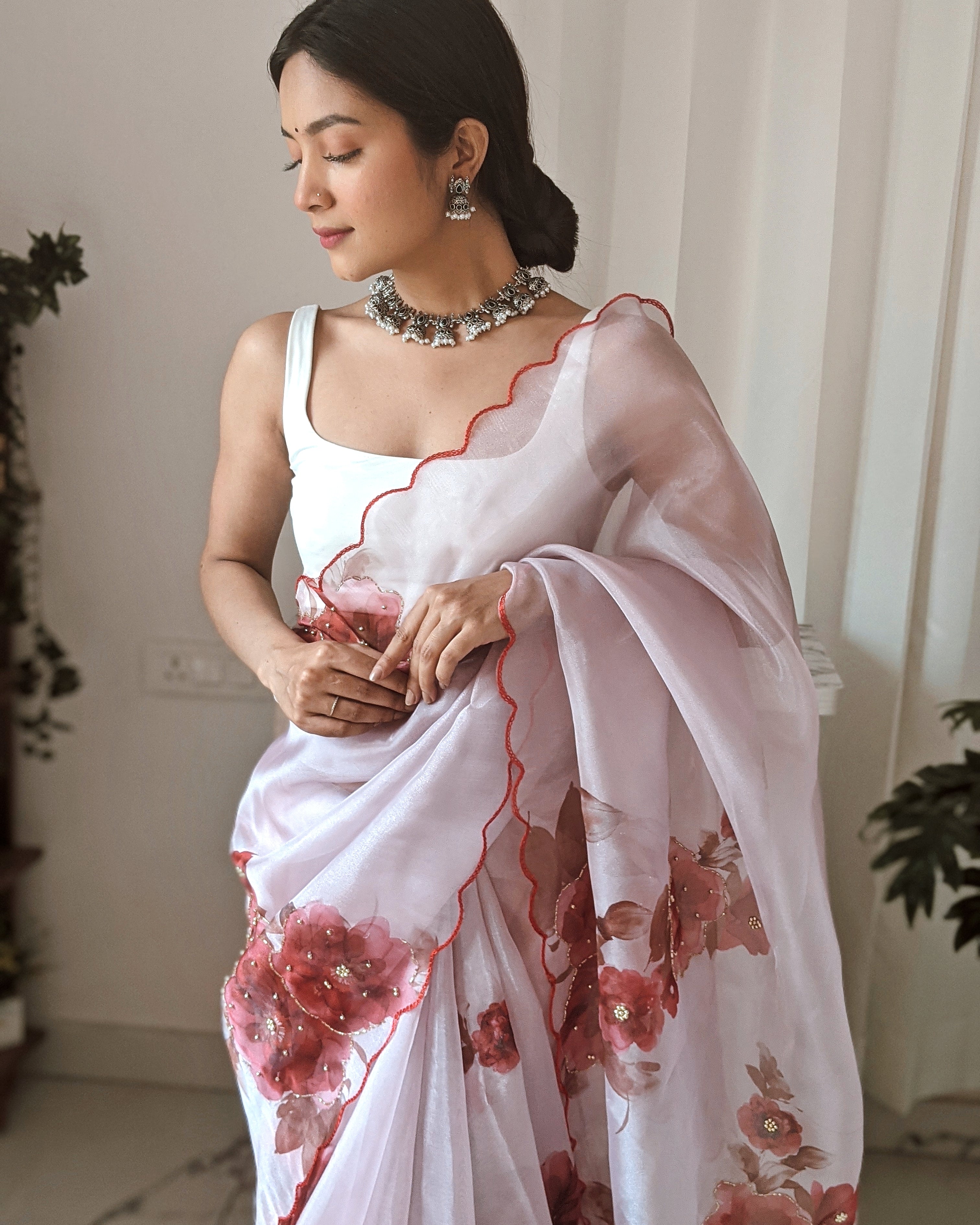 pink Organza Saree With Satin Benglori Blouse