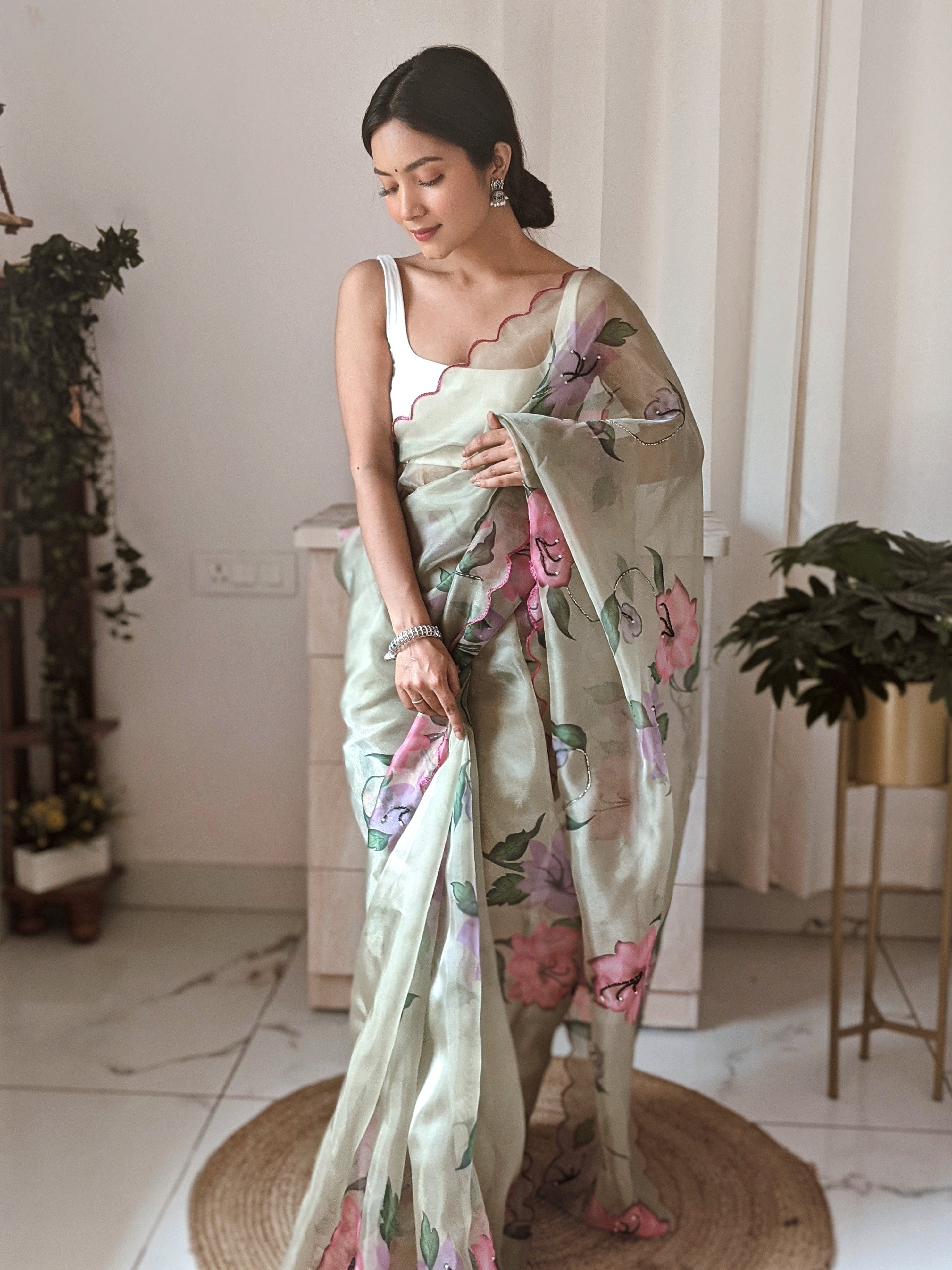 Green Organza Saree With Satin Benglori Blouse