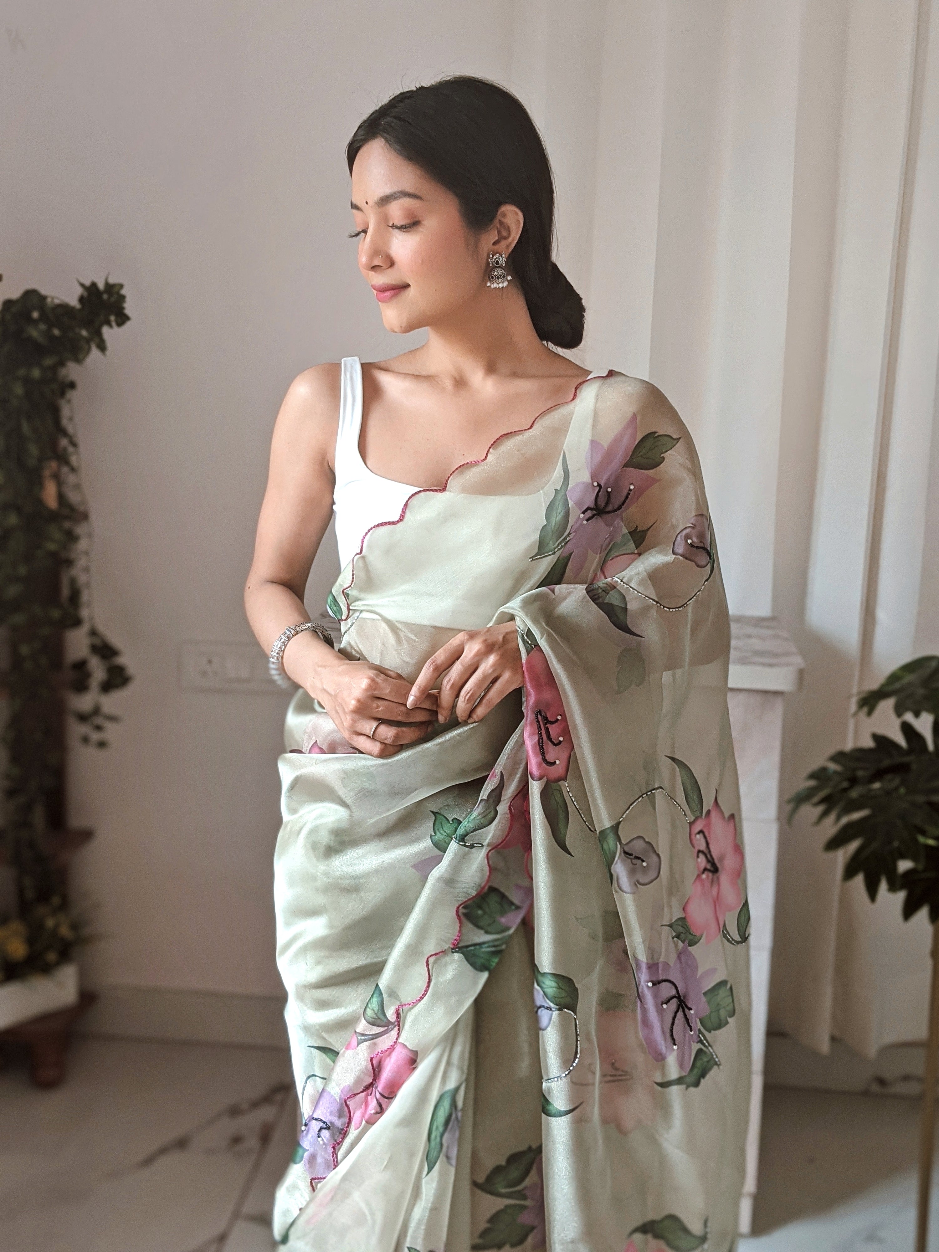 Green Organza Saree With Satin Benglori Blouse