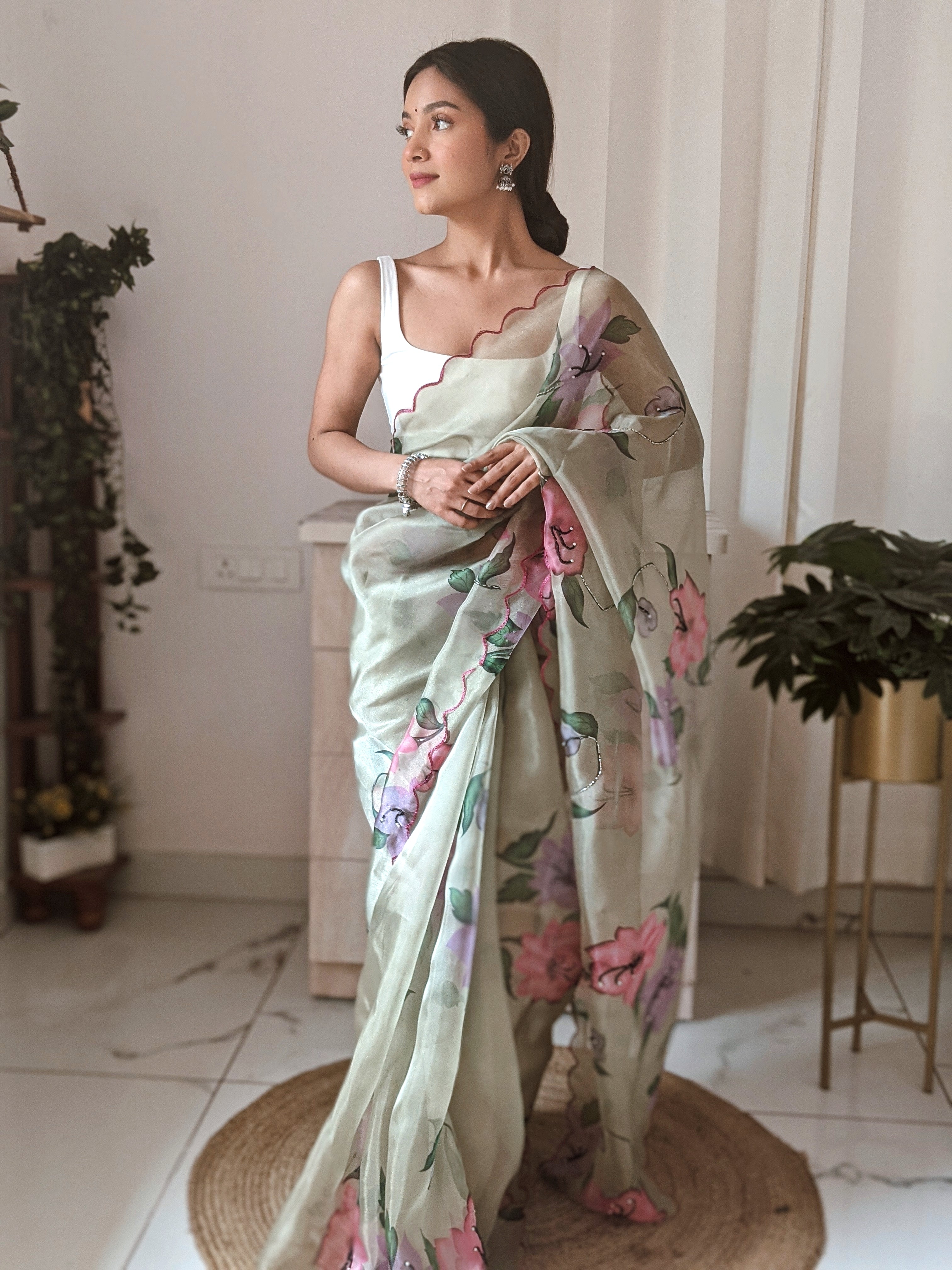 Green Organza Saree With Satin Benglori Blouse