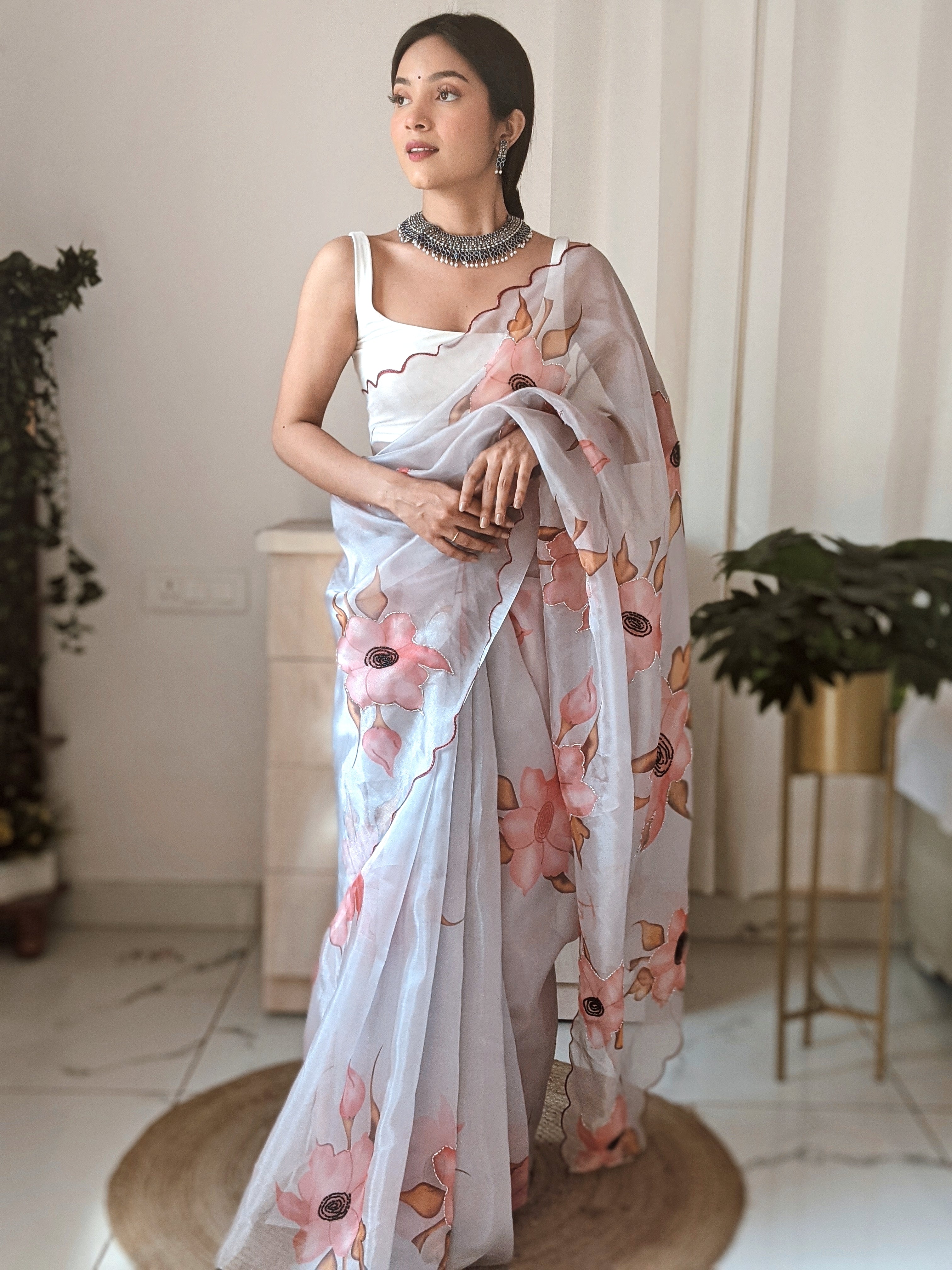 grey Organza Saree With Satin Benglori Blouse