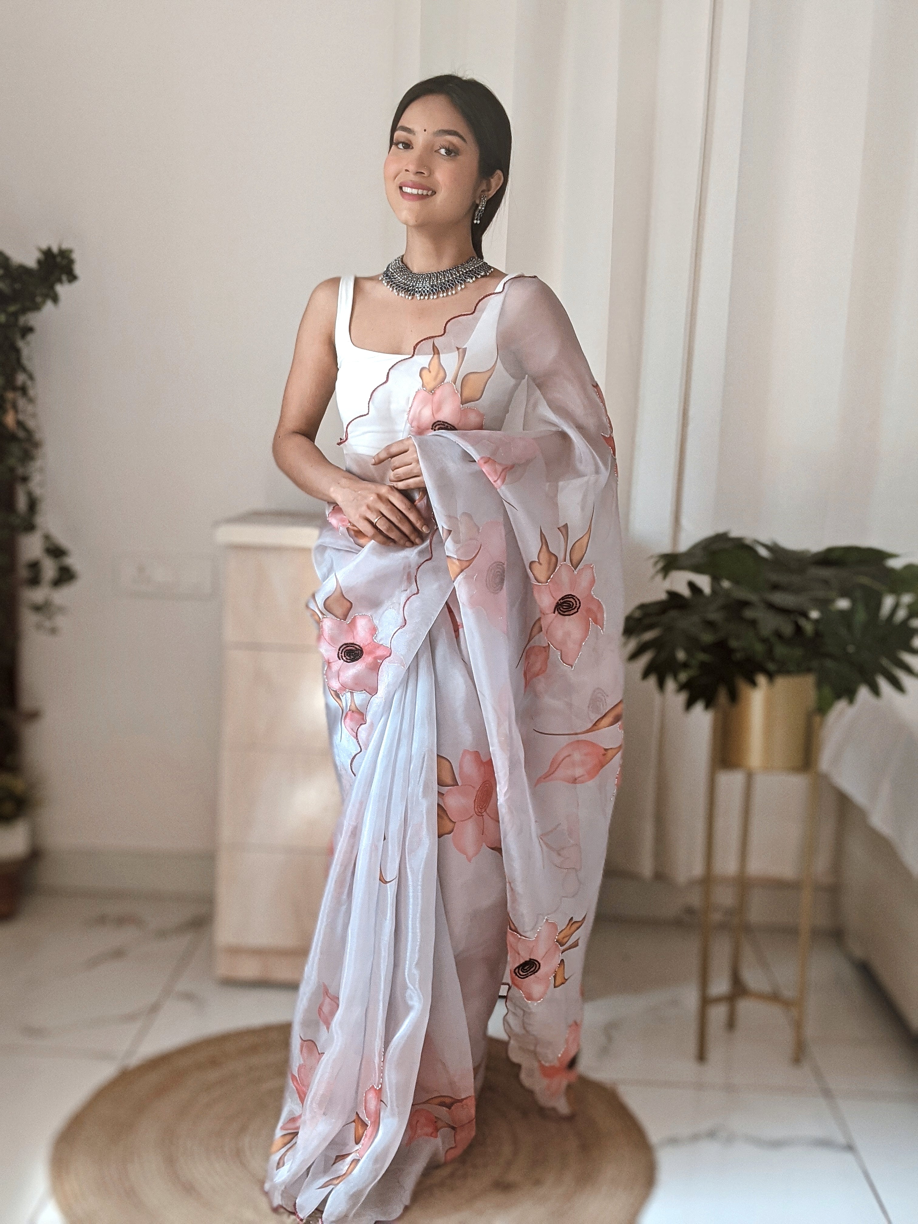 grey Organza Saree With Satin Benglori Blouse