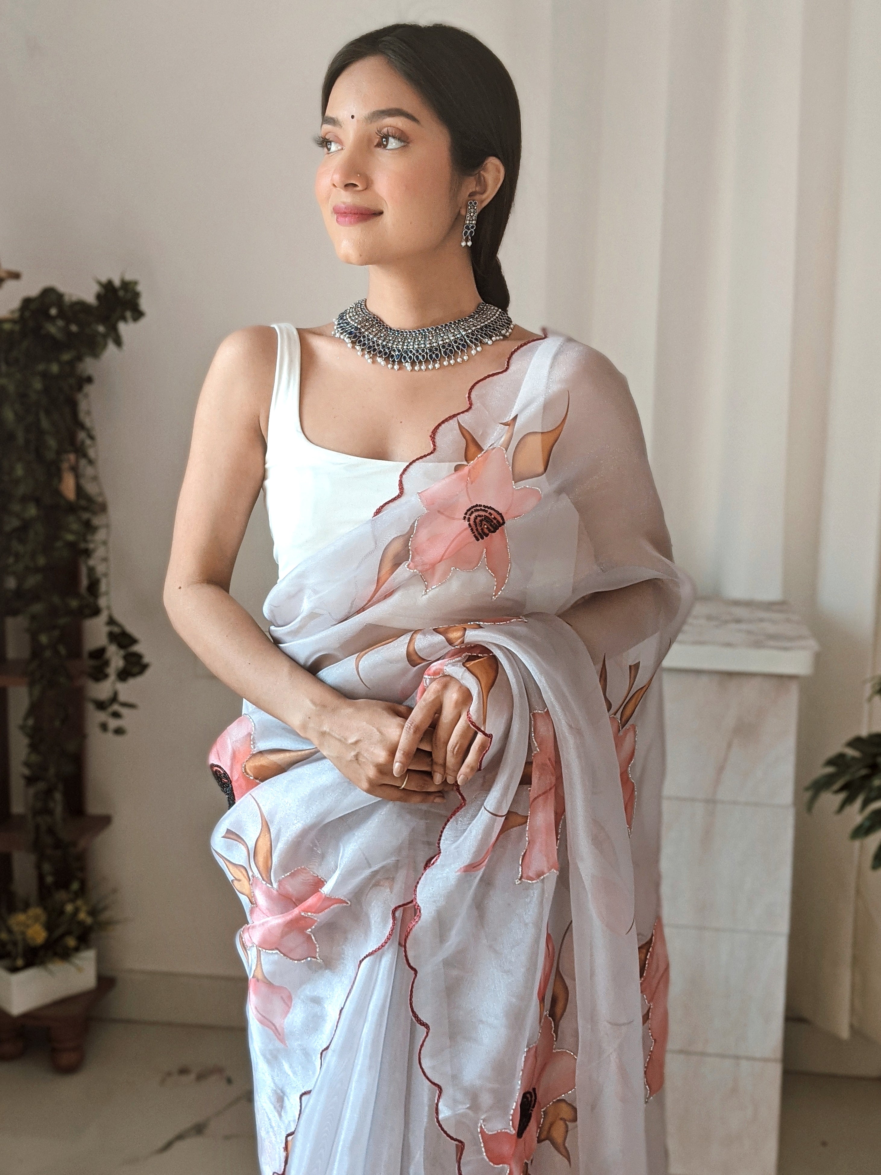 grey Organza Saree With Satin Benglori Blouse