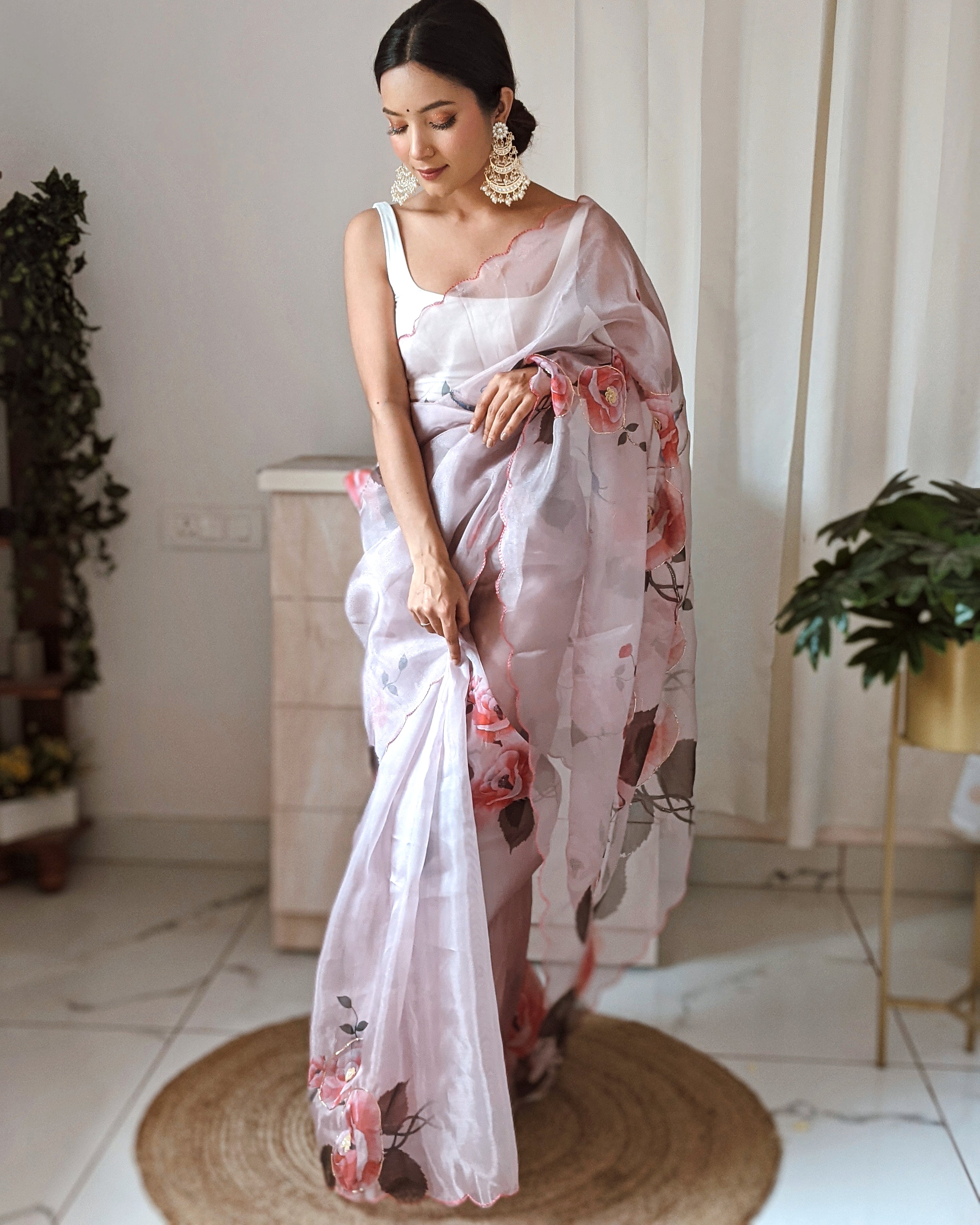 Pink Organza Saree With Satin Benglori Blouse