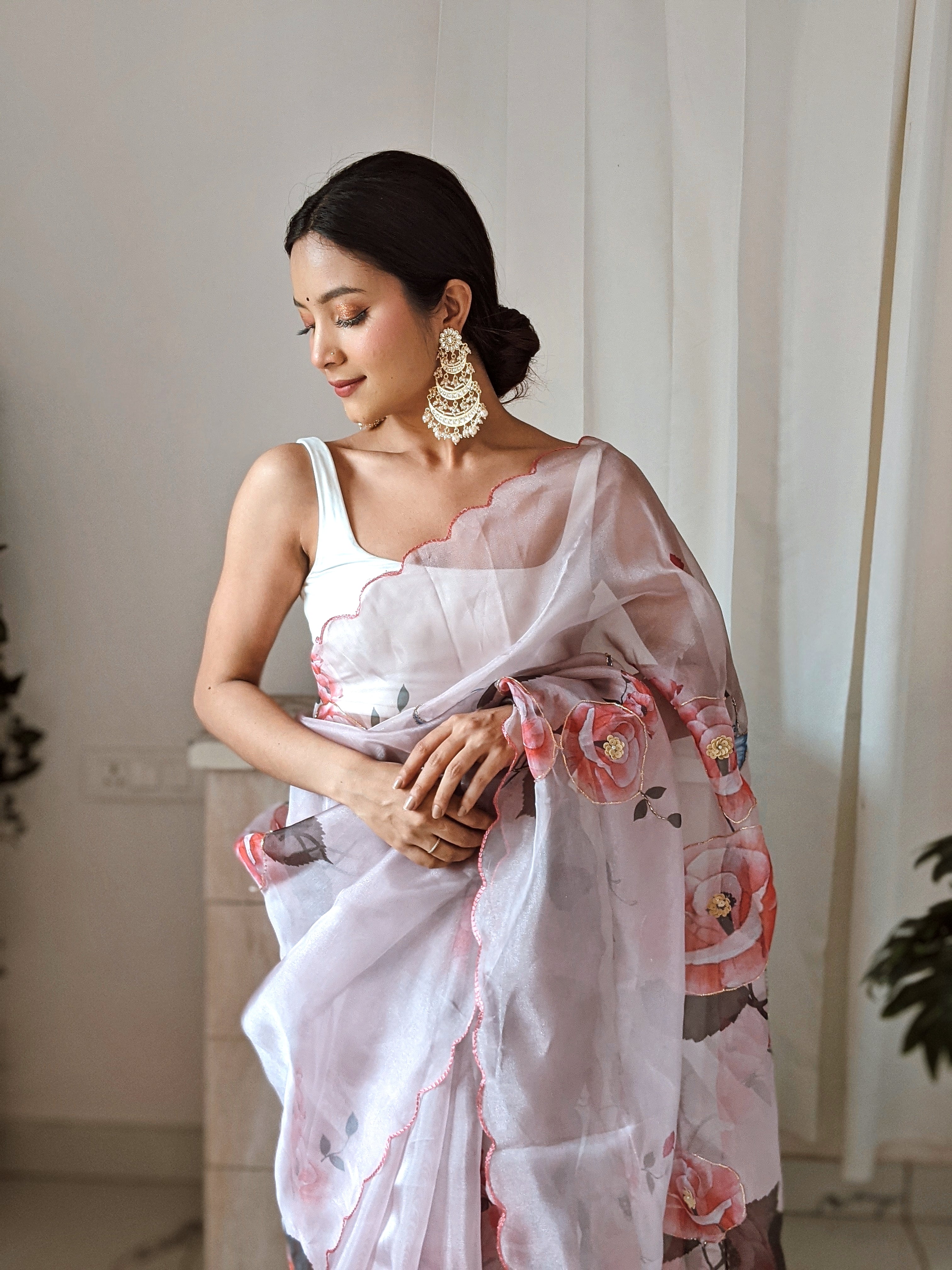 Pink Organza Saree With Satin Benglori Blouse