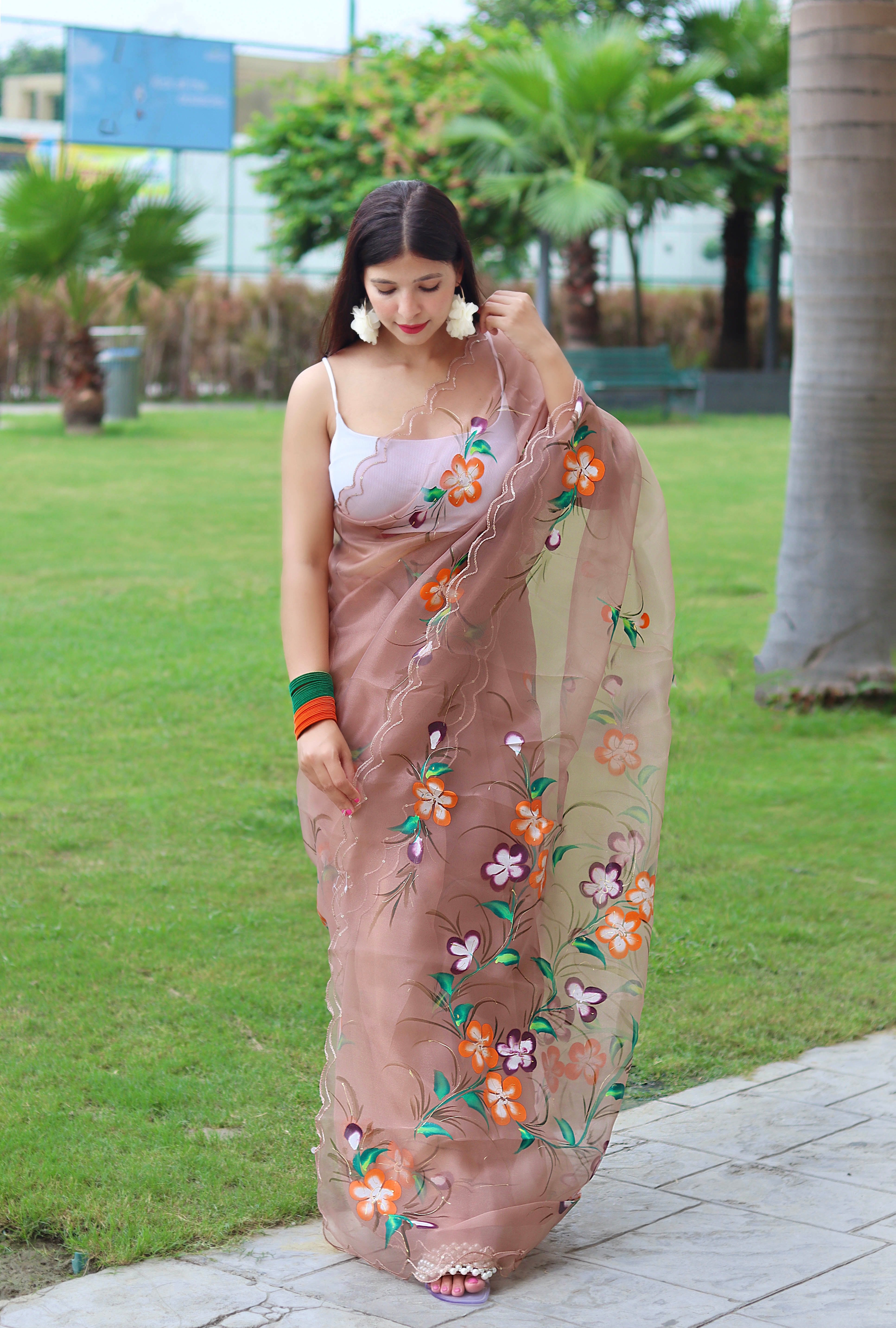 Brown organza Saree With Satin Benglori Blouse