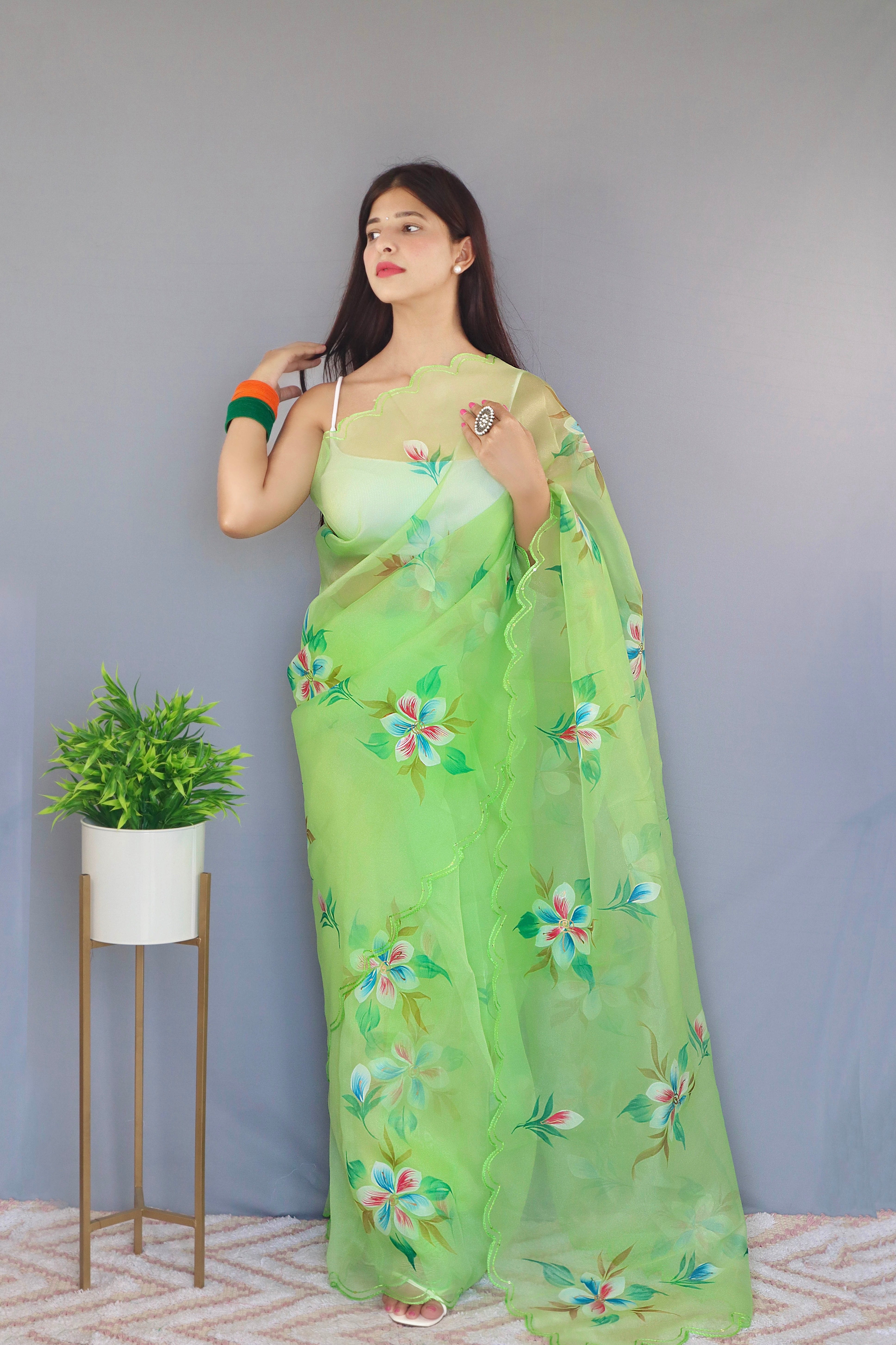 GREEN organza Saree With Satin Benglori Blouse