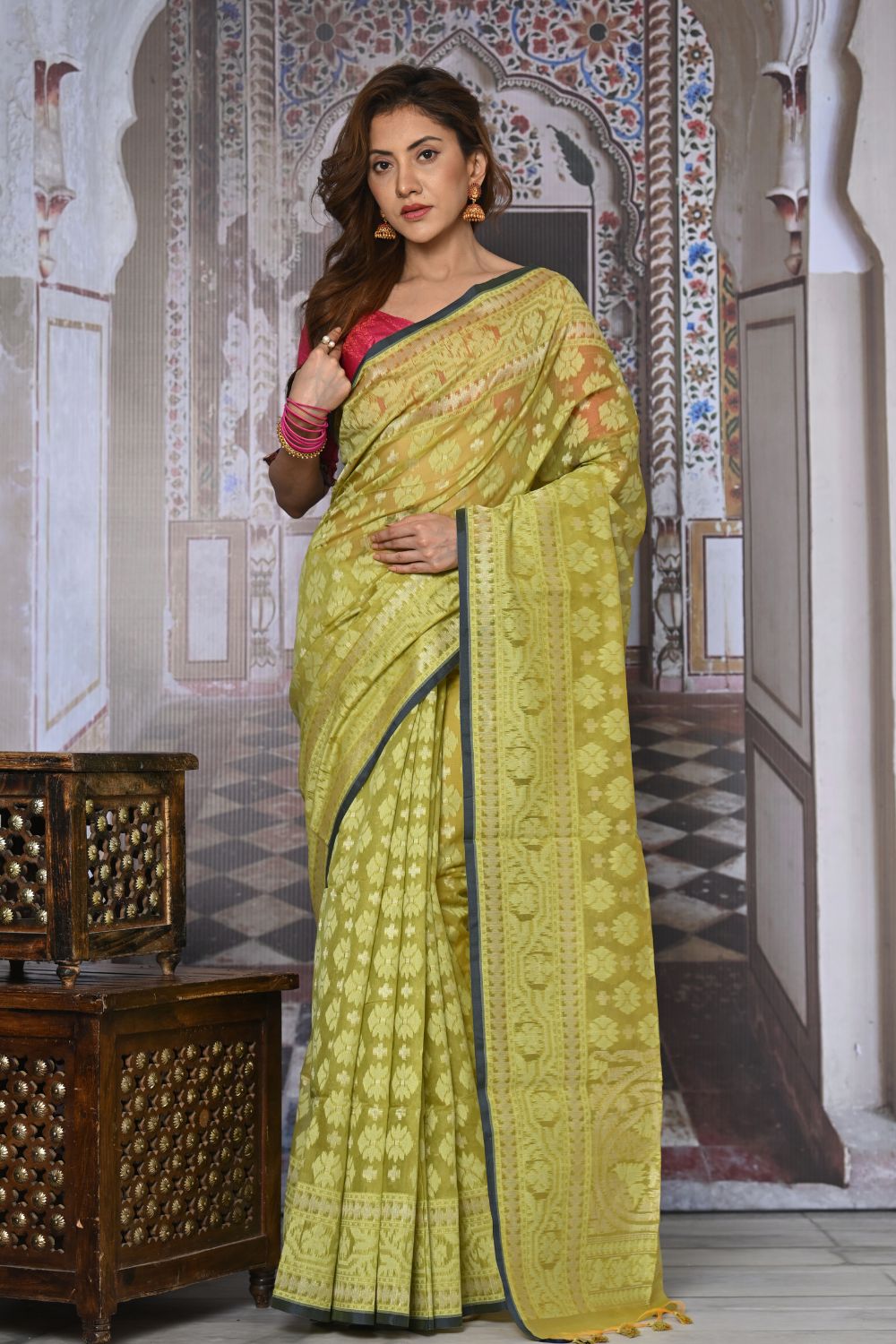 Buy Parrot Green Zari based Silk Saree With Blouse Piece Nitaraa