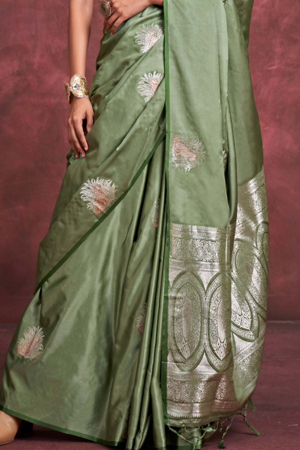 Green PURE SATIN Saree