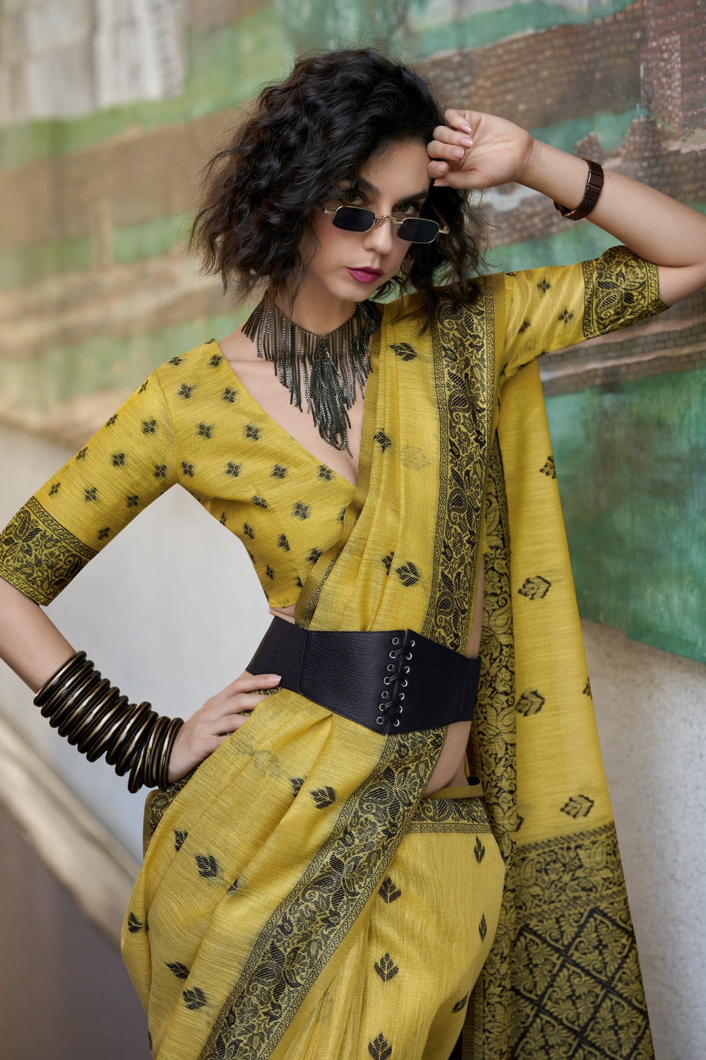 Yellow Linen Tissue Silk Saree