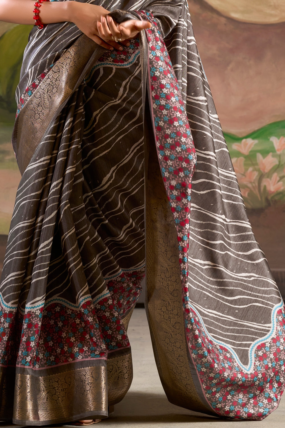 Dark Grey Cotton With Digital Print Saree