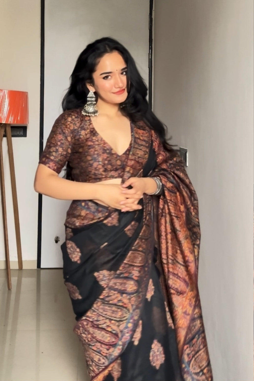 Khushi Malhotra in Black Kashmiri Silk Saree With Blouse Piece