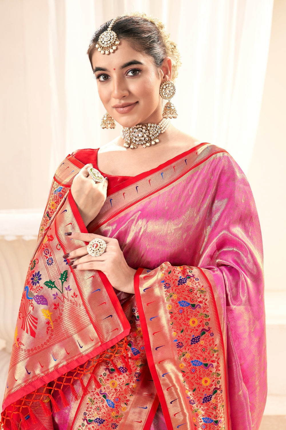 Dark Pink Pure Paithani Tissue Silk Saree