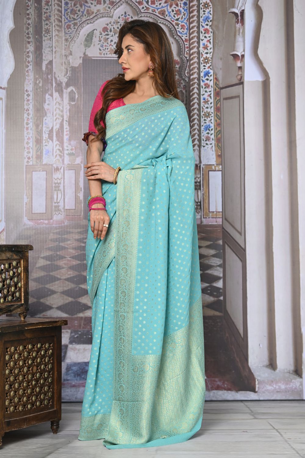 Buy Green Kashmiri Silk Saree With Blouse Piece Nitaraa